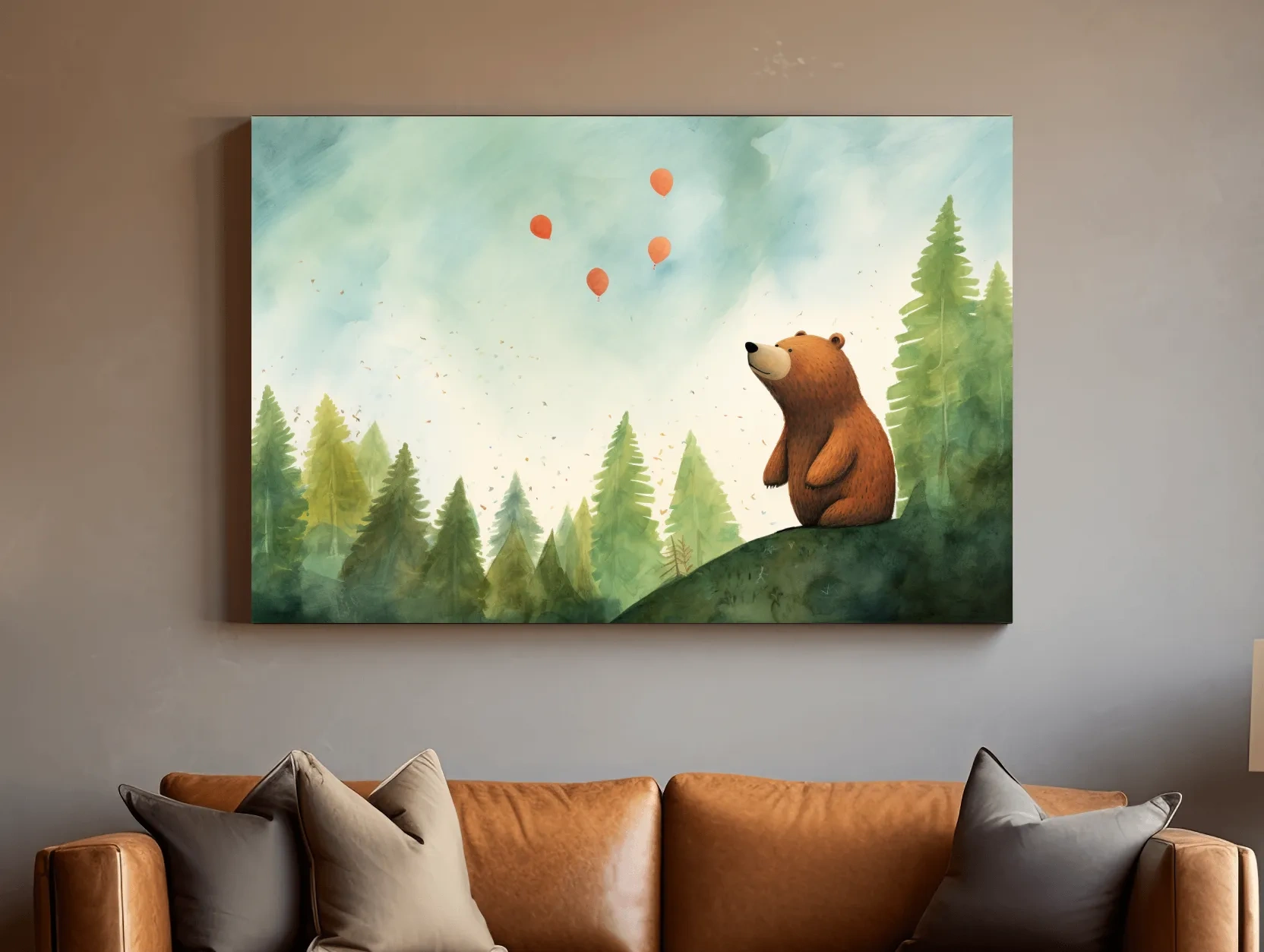 Whimsical Watercolor Bear Watching Balloons - Cute Nursery Forest Wall Art