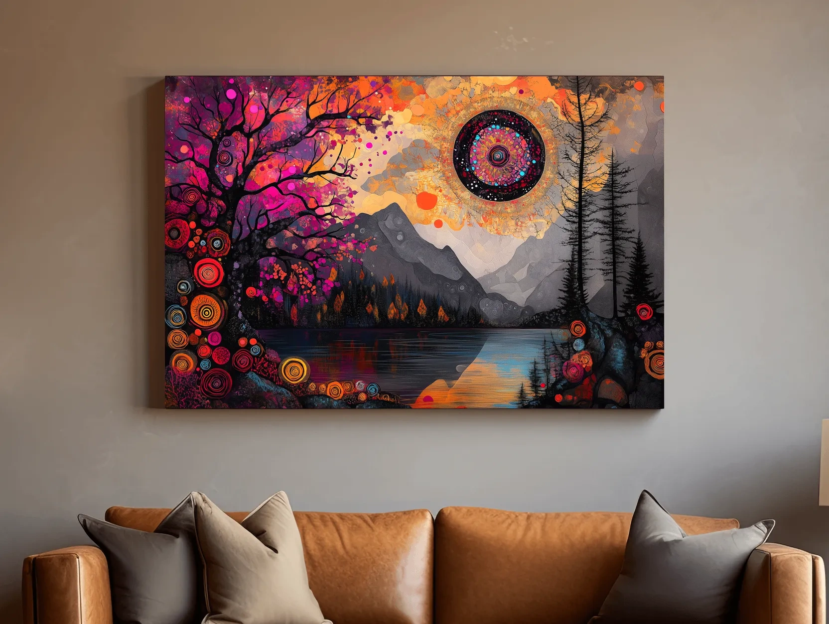 Psychedelic Mountain Lake Sunset Mandala - Vibrant Surreal Landscape Wall Art