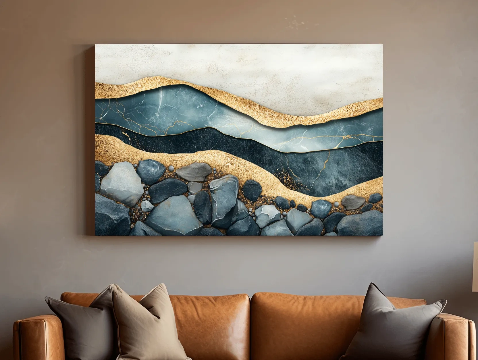 Elegant riverbed sand and rock artwork, modern textured wall art with natural sediment layers