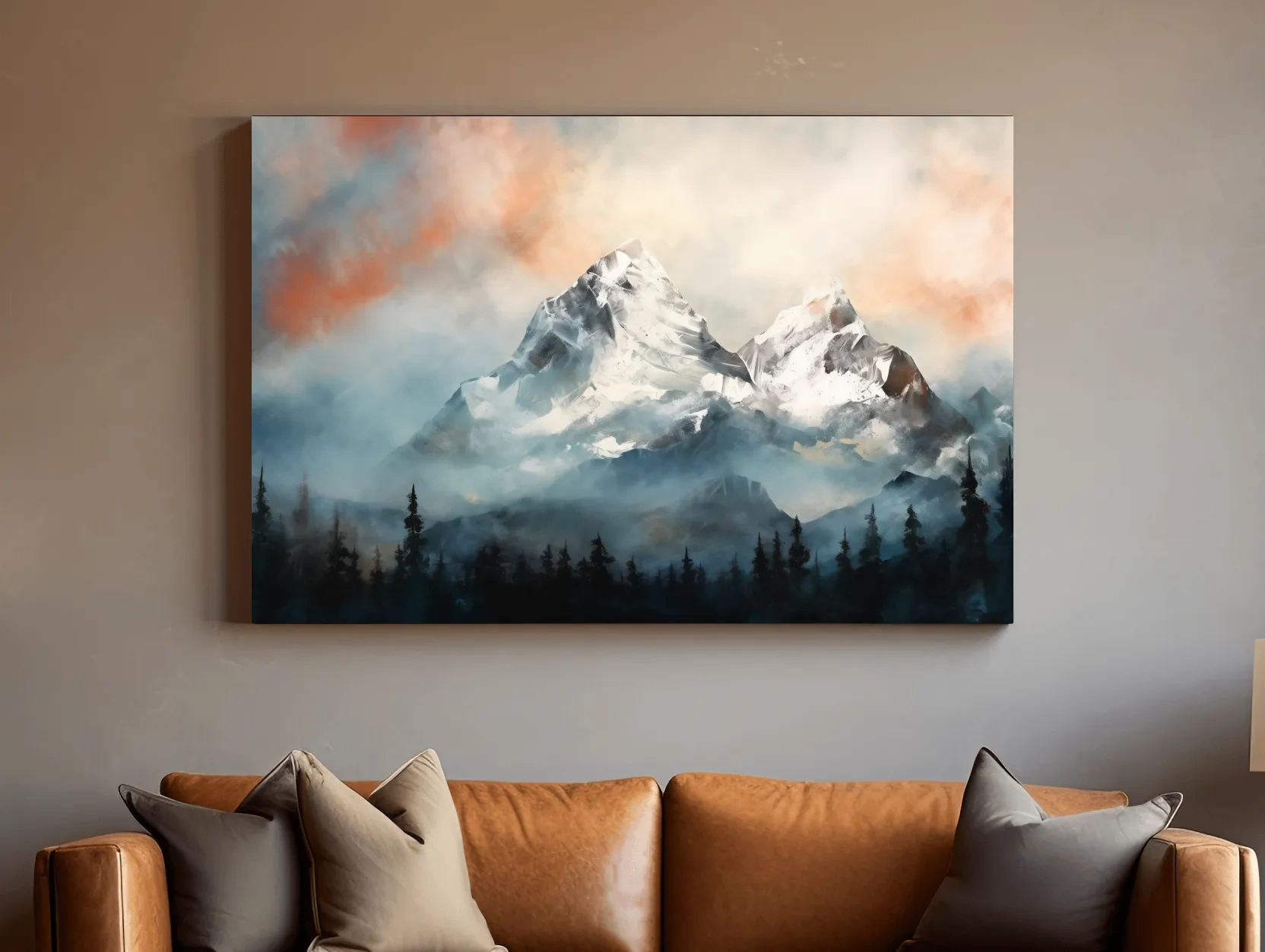 Misty Snowcapped Mountain Peaks Painting - Alpine Sunset Wall Art