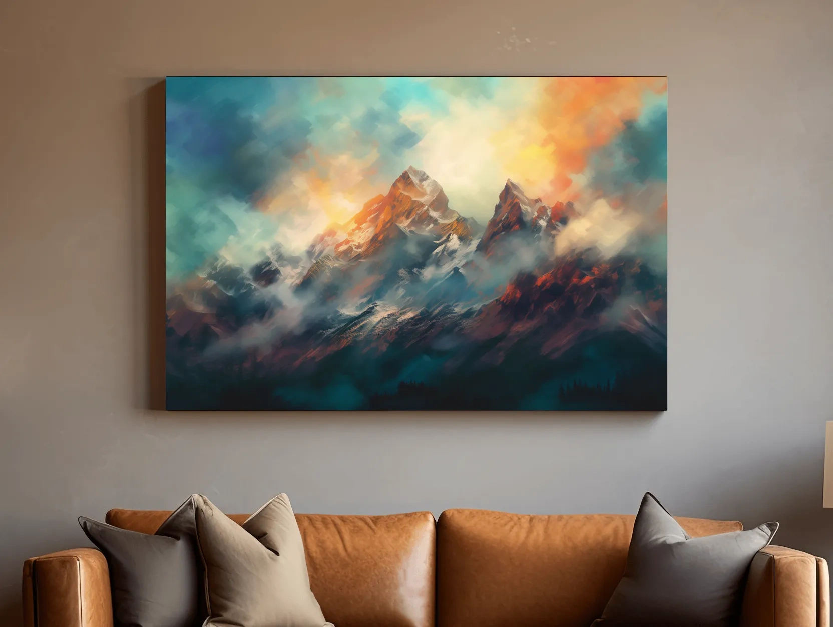 Abstract Sunrise Mountain Peaks Painting - Colorful Alpine Landscape Wall Art