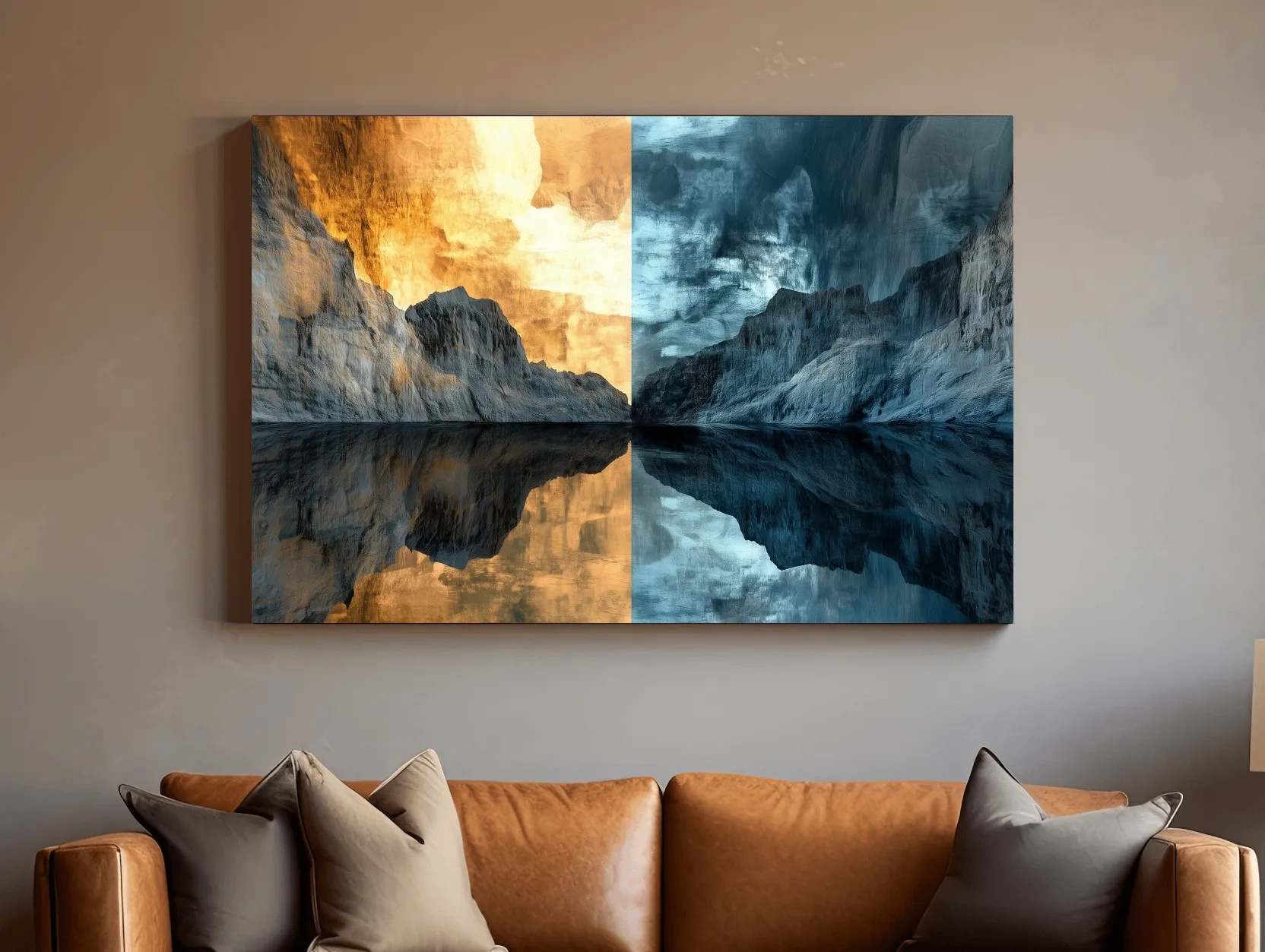 Split Tone Mountain Lake Reflection - Fiery Sunset Cool Twilight