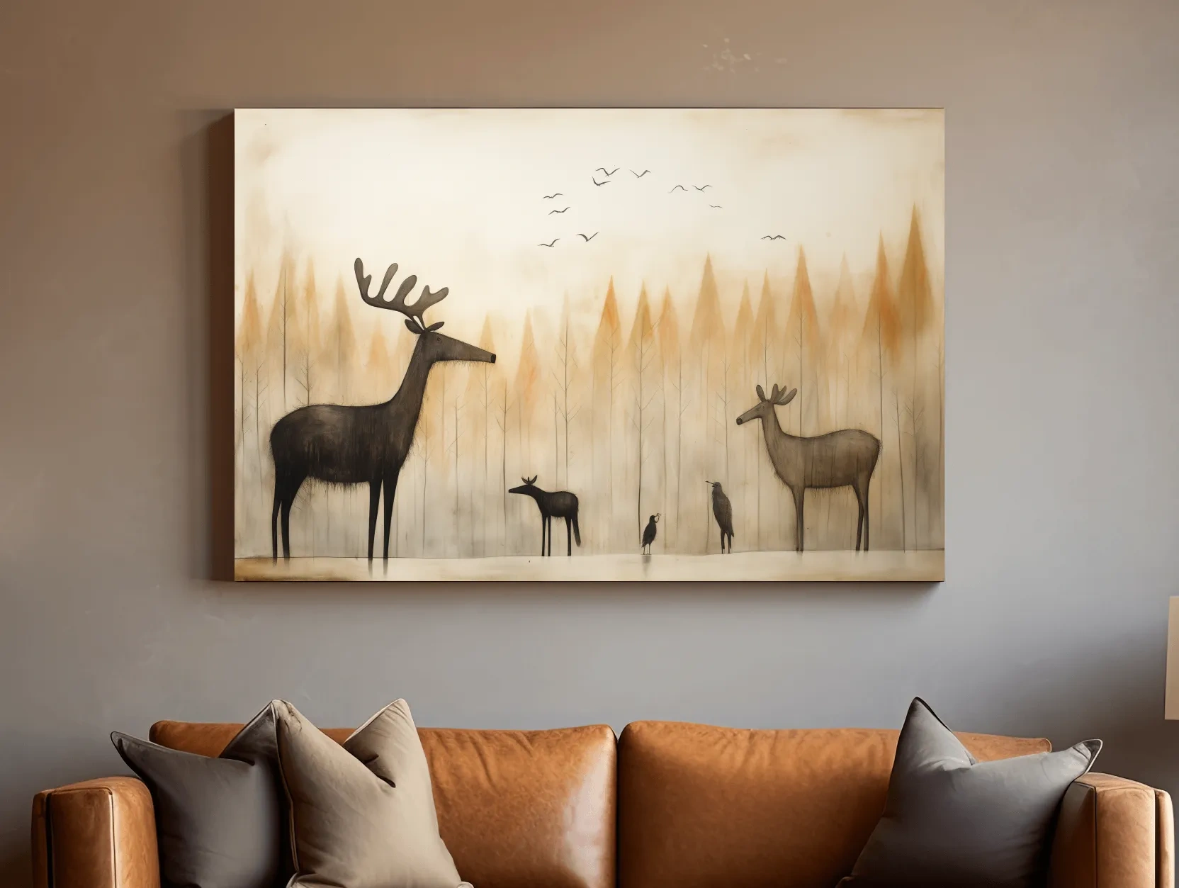 Minimalist Woodland Deer Family Illustration - Scandinavian Nursery Forest Wall Art