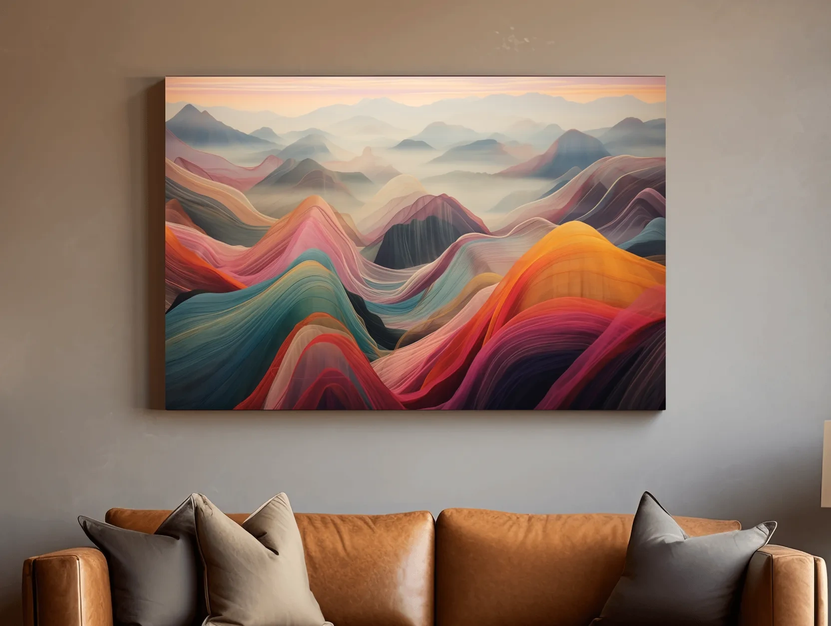 Colorful abstract mountain wall art, layered flowing waves effect