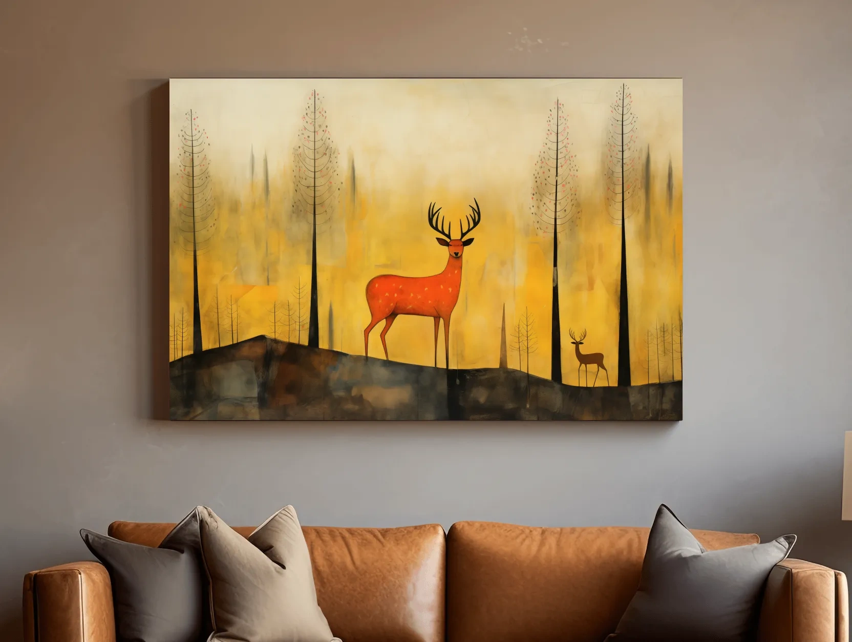 Whimsical Deer In Autumn Forest - Golden Woodland Landscape Wall Art