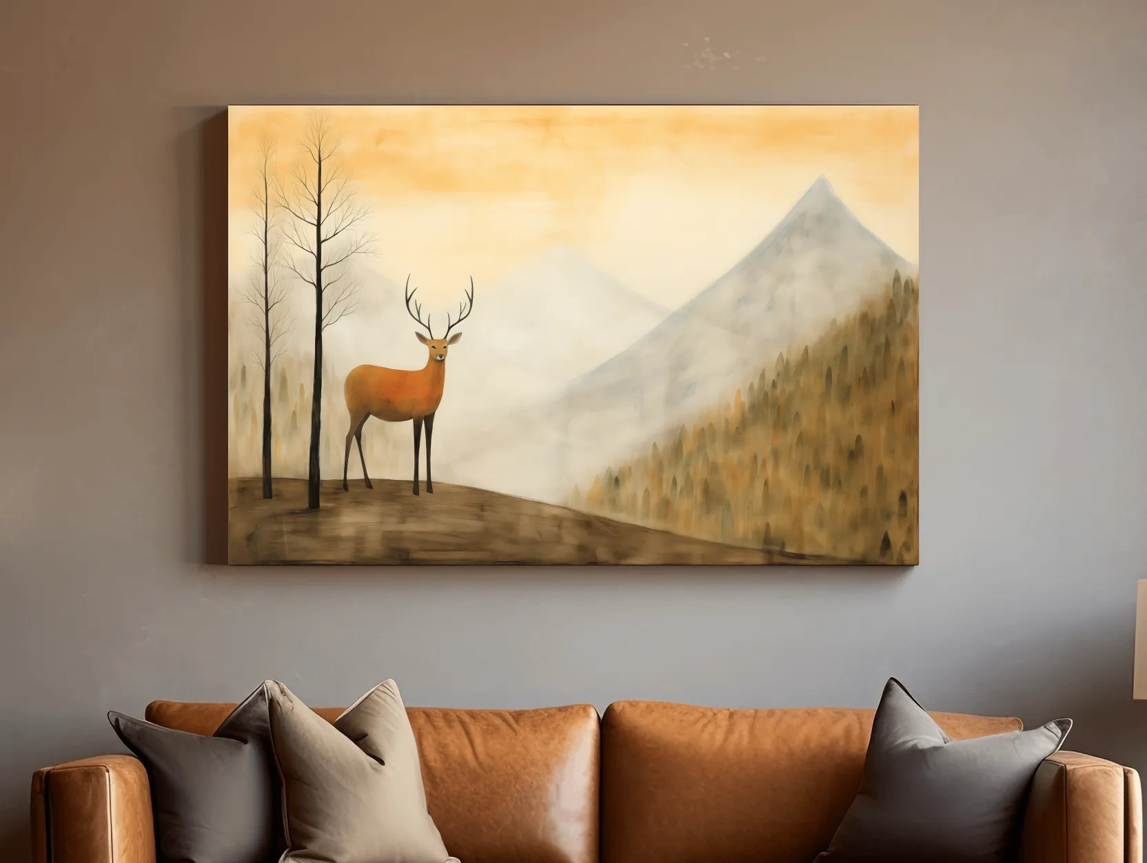 Deer Alpine Mountain Landscape Painting - Serene Foggy Forest Wall Art