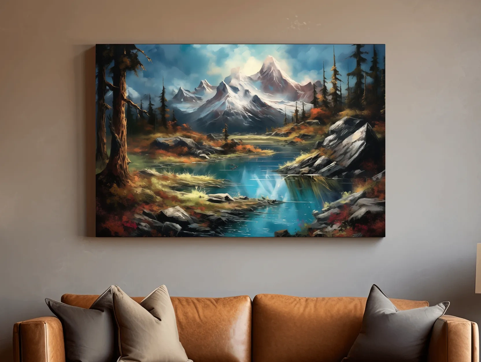 Serene alpine lake and snow-capped mountains wall artwork, vibrant scenic painting