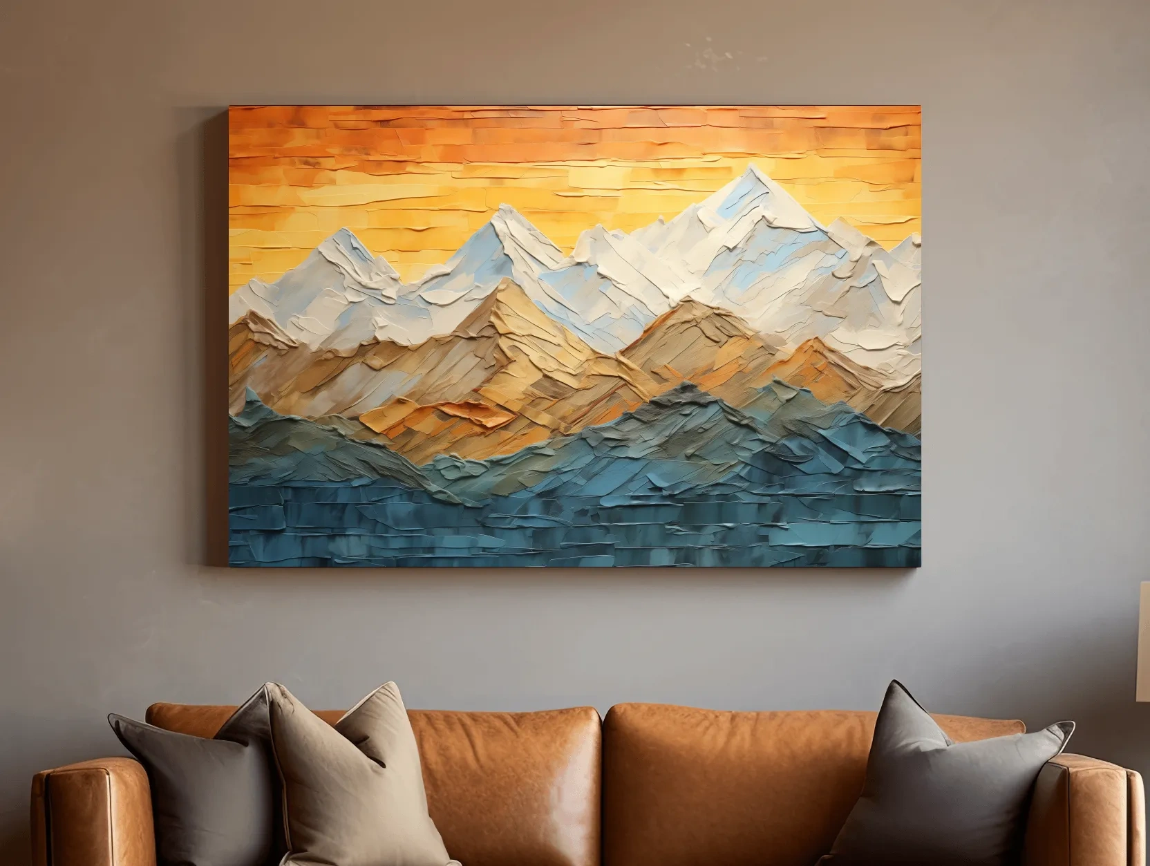 Impasto Style Mountain Range Sunset - Pallet Knife Painting Effect Wall Art
