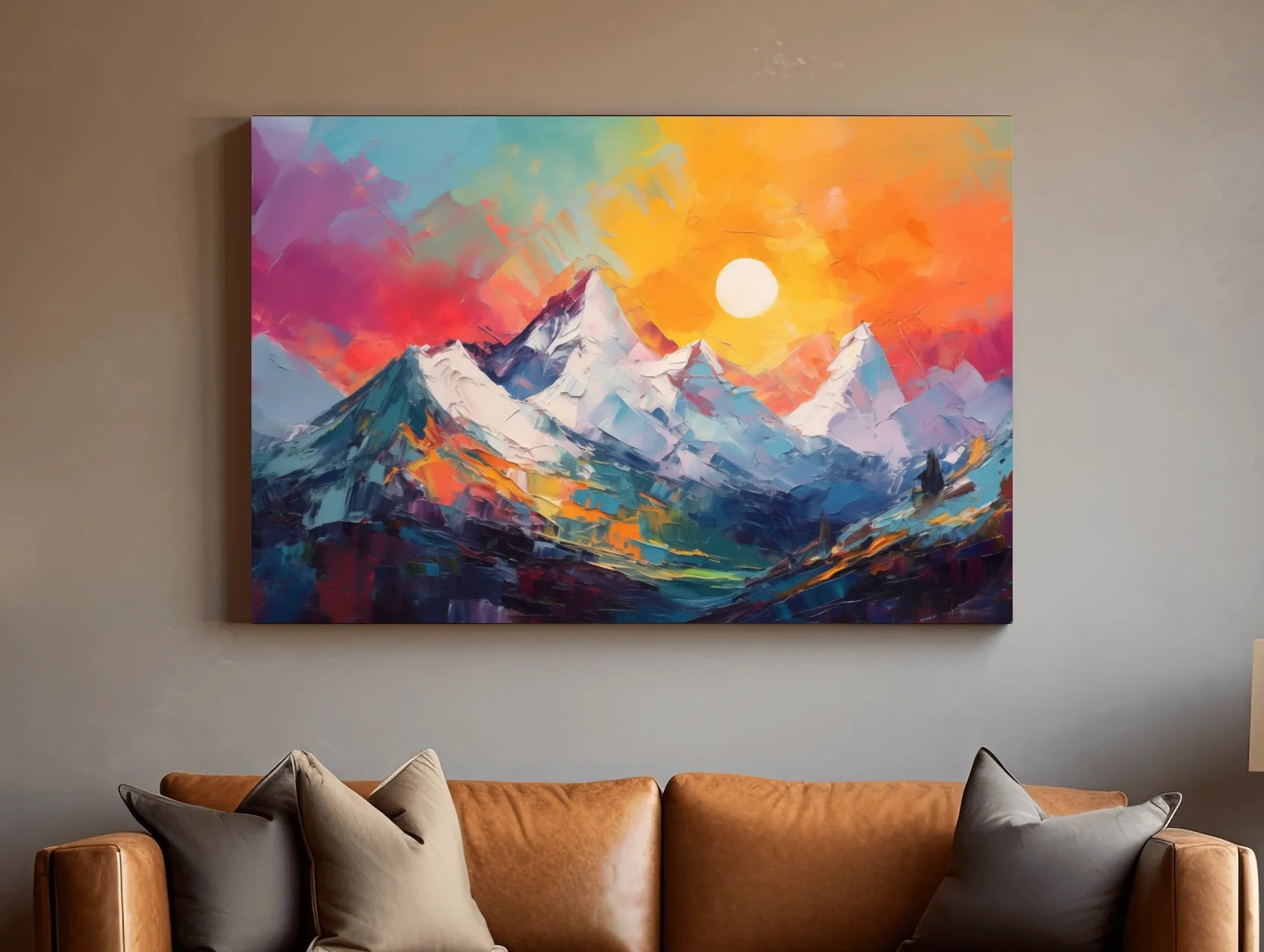 Colorful abstract mountain wall art, vibrant sunset oil painting print