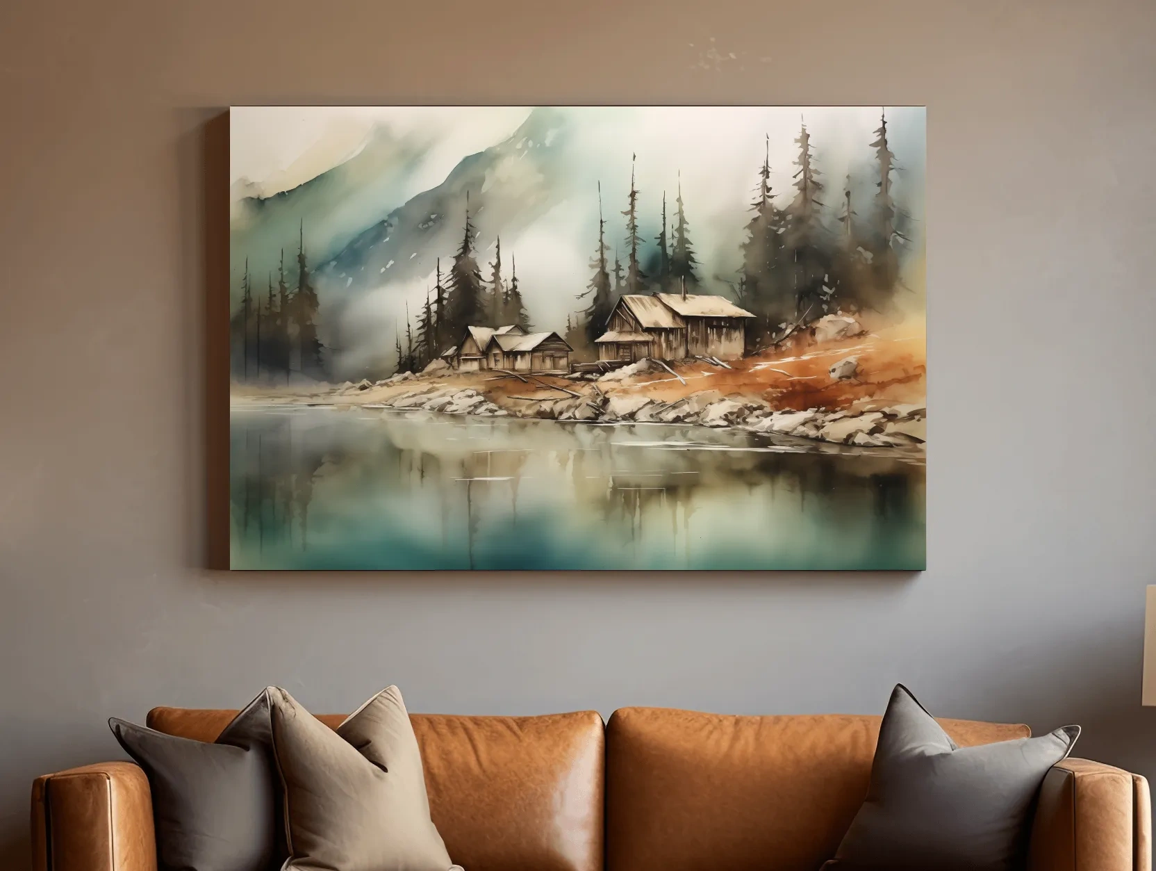 Rustic Lakeside Cabin Watercolor Landscape - Serene Alpine Mountain Wall Art