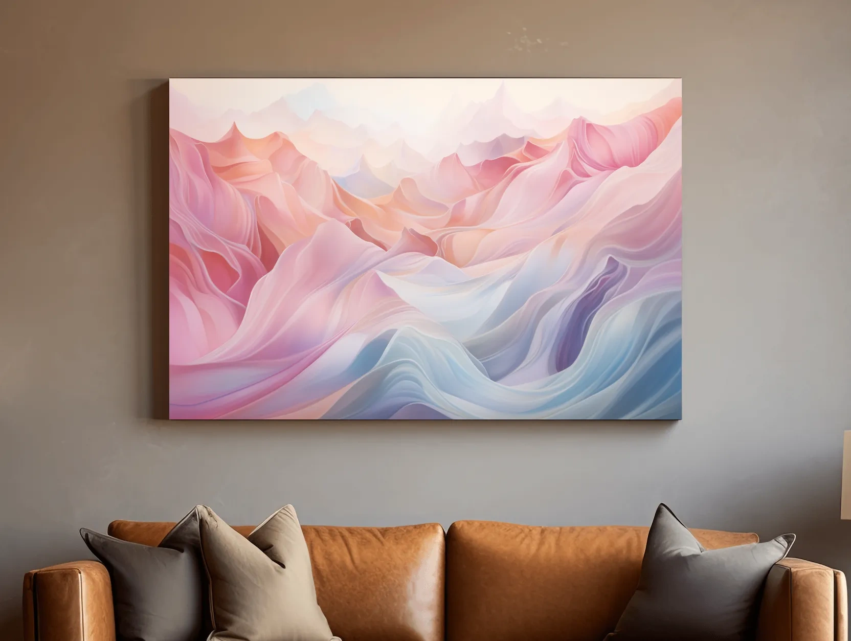 Soft pastel abstract mountain landscape artwork, flowing abstract waves in pink and blue tones