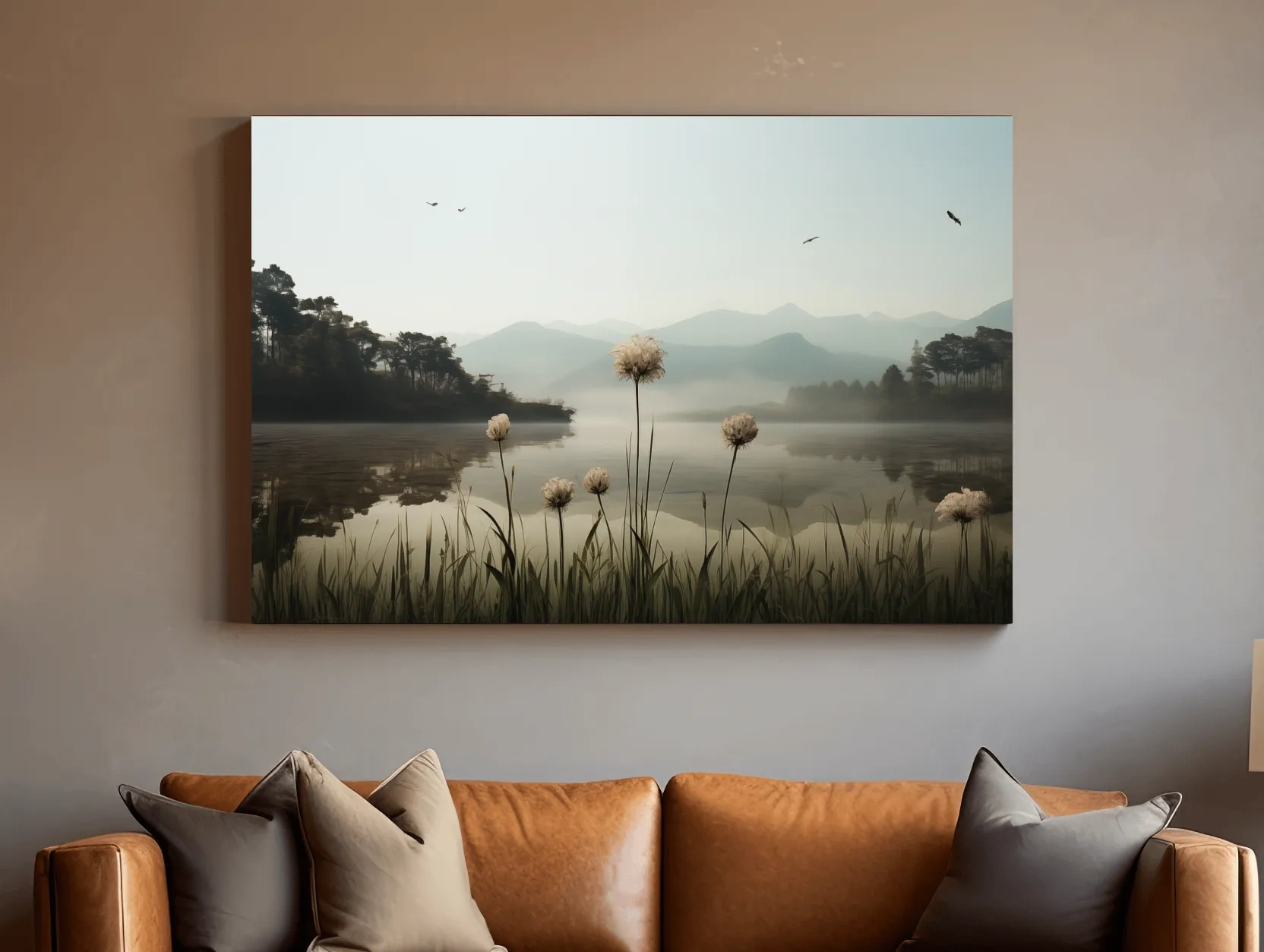 Misty Lake Painting With Wildflowers - Serene Landscape Wall Art