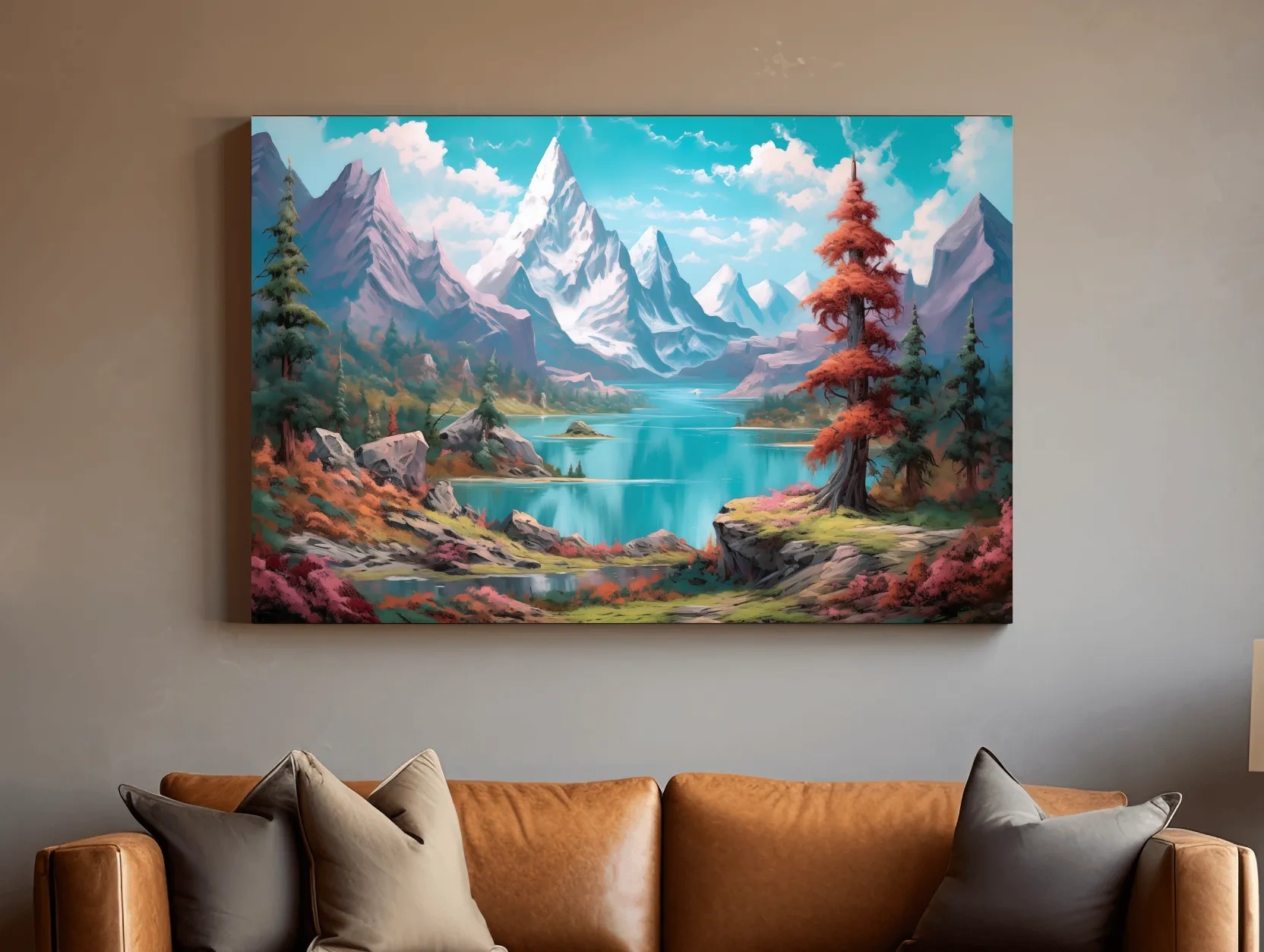 Vibrant Fantasy Alpine Lake Mountains - Surreal Colorful Artwork
