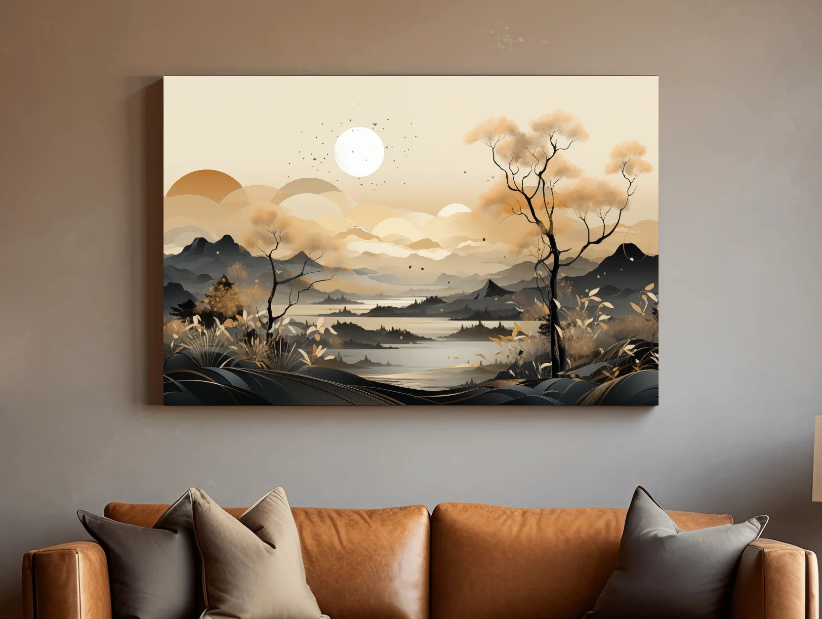 Japandi Misty Mountain Lake Landscape - Boho Wall Artwork