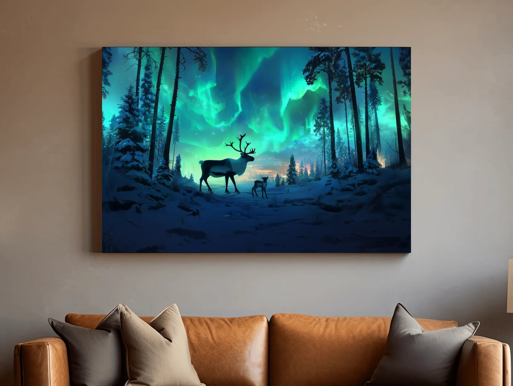 Caribou Buck Under Aurora Borealis Winter Scene - Fantasy Northern Lights Forest Wall Art