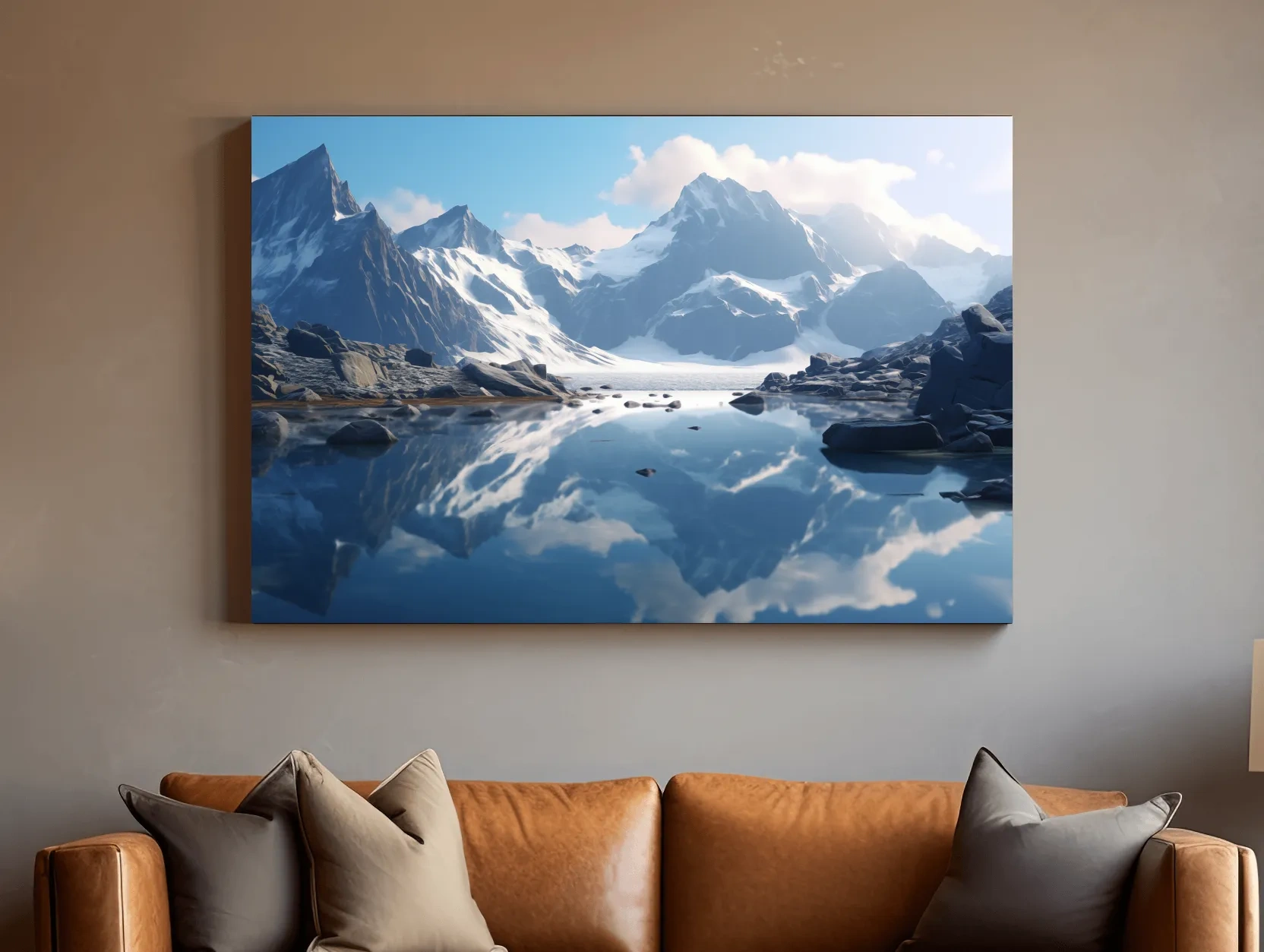 Majestic Snowcapped Mountain Lake Artwork - Serene Alpine Photography Wall Art