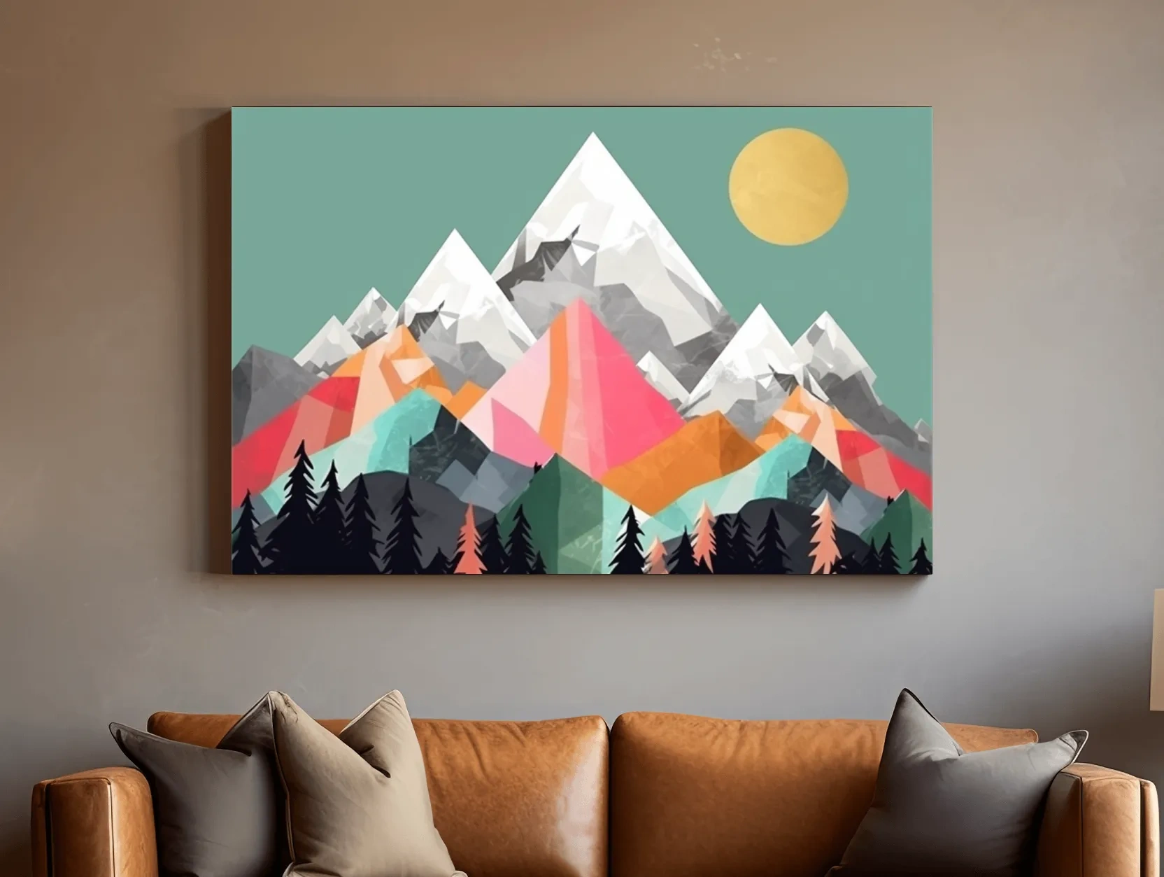Geometric Abstract 2D Mountain Sunrise Art - Colorful Mid Century Wall Art