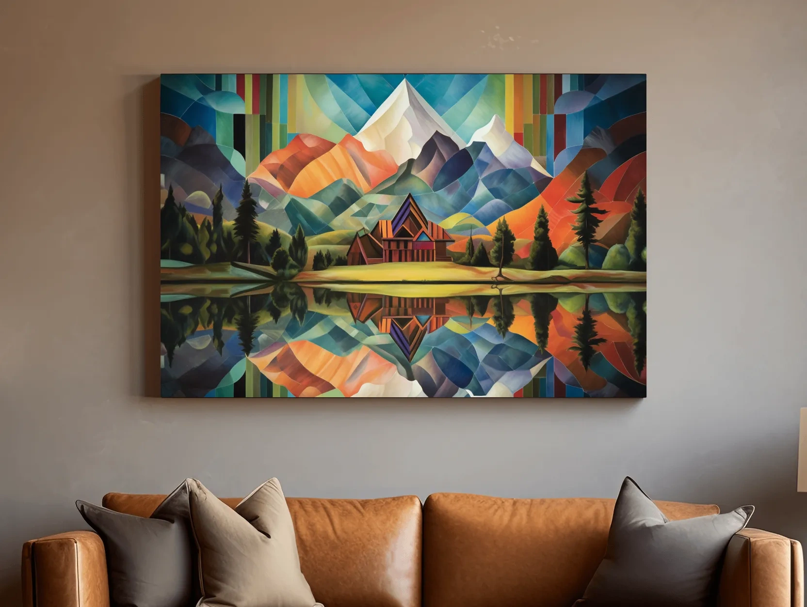 Vibrant Geometric Mountain Cabin Lake Reflection - Colorful Abstract Landscape Wall Art