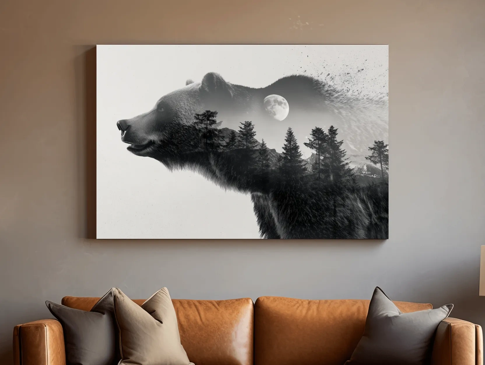 Black And White Grizzly Bear Double Exposure - Moonlit Pine Forest Mountain Wall Art