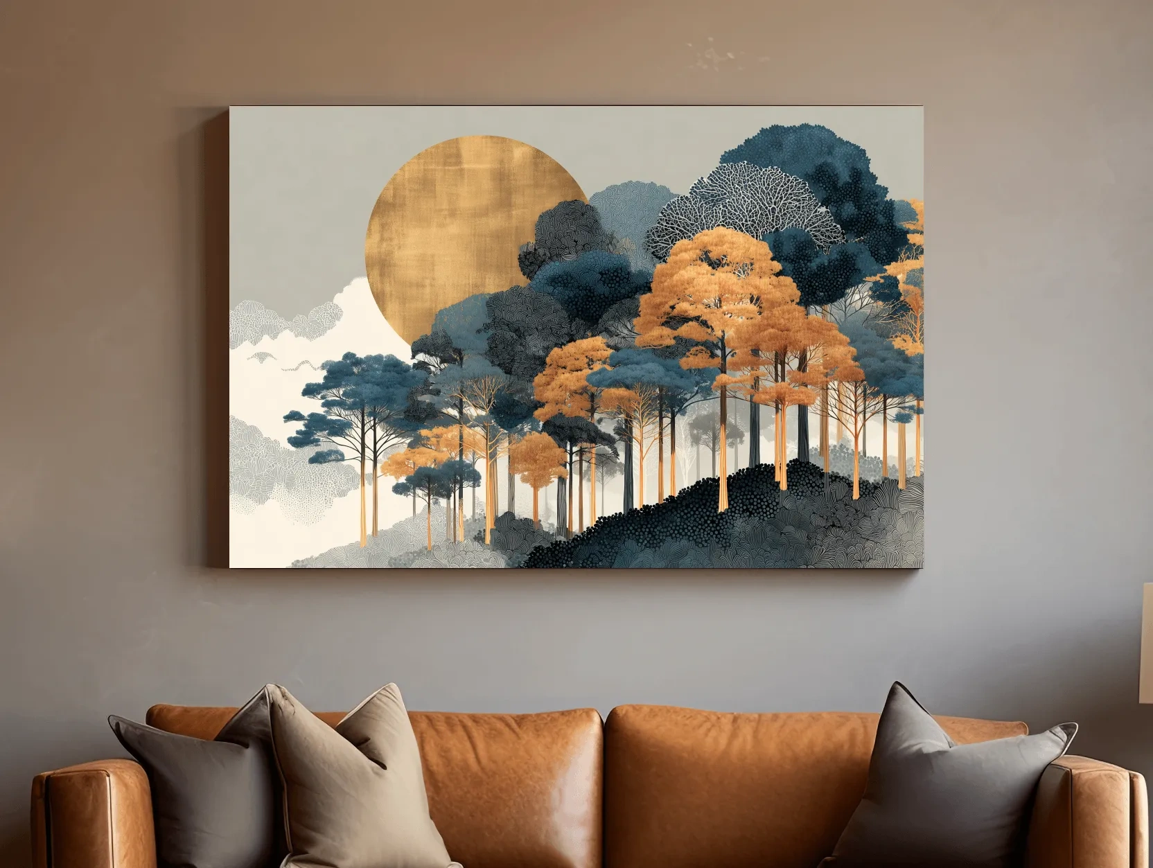 Modern Chic Golden Sun Over Autumn Forest - Elegant Boho Landscape Wall Art