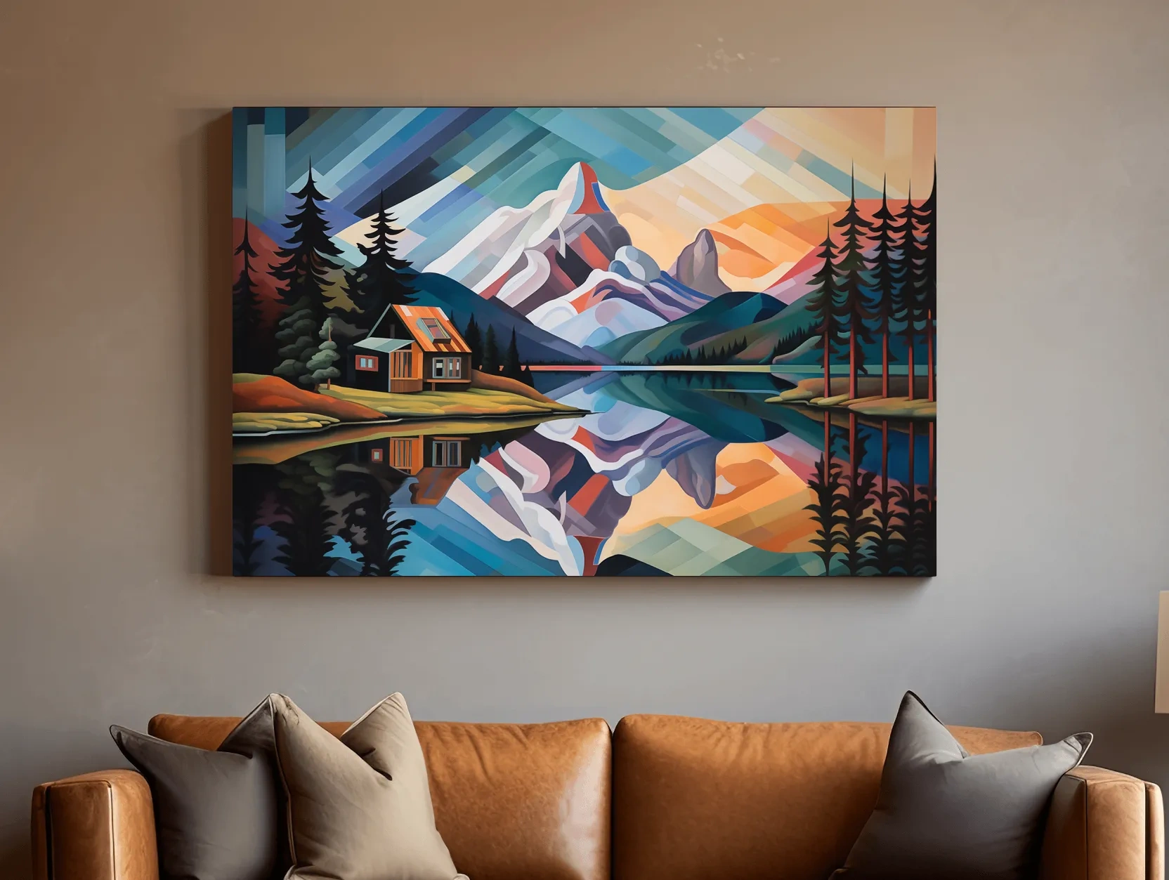 Mountain Cabin by the Lake Canvas Print - Abstract Oil Painting Sunset Wall Art
