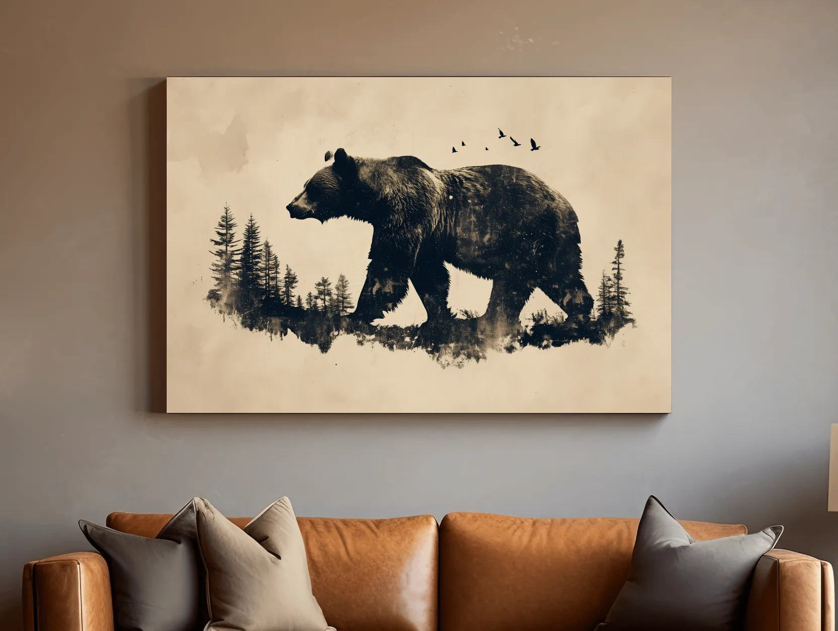 Vintage Grizzly Bear Forest Silhouette - Rustic Wildlife Wall Art