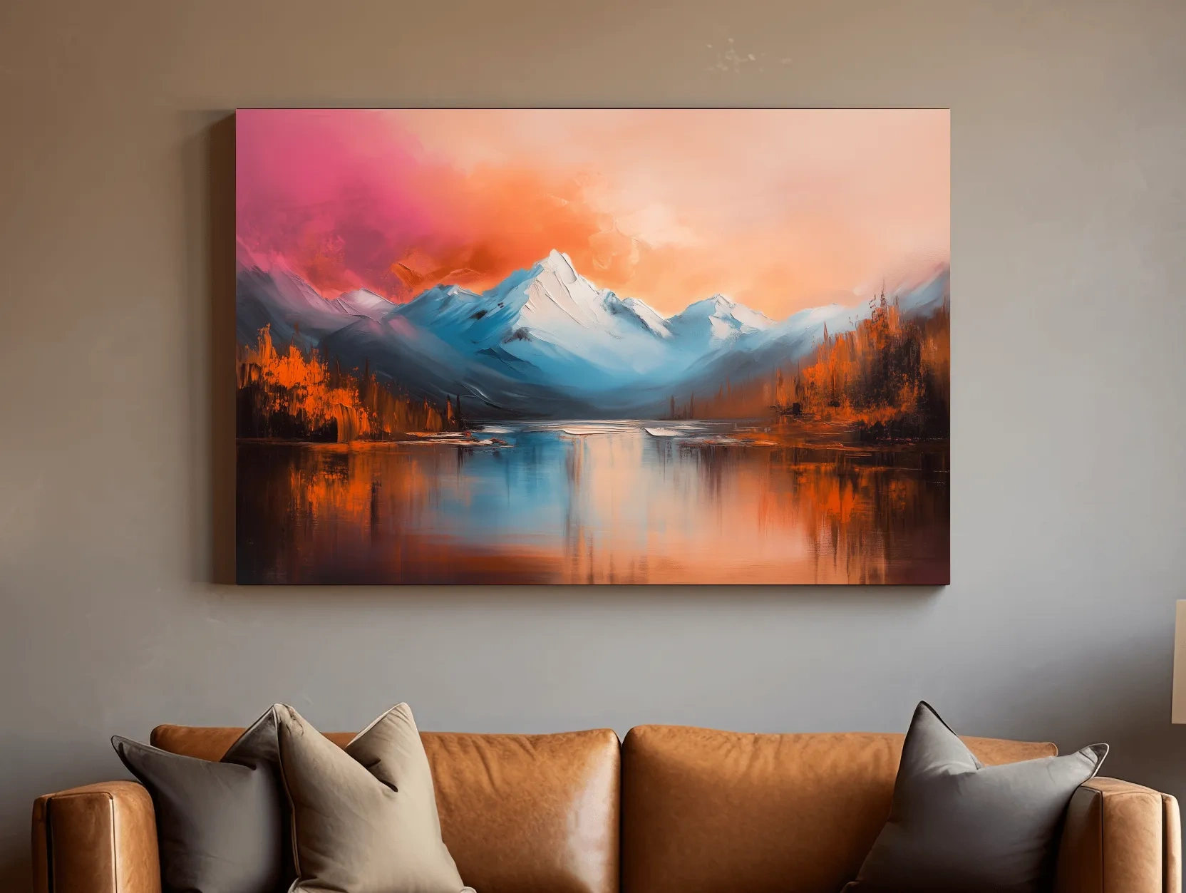 Sunset Mountain Lake Painting - Serene Abstract Landscape Wall Art Print