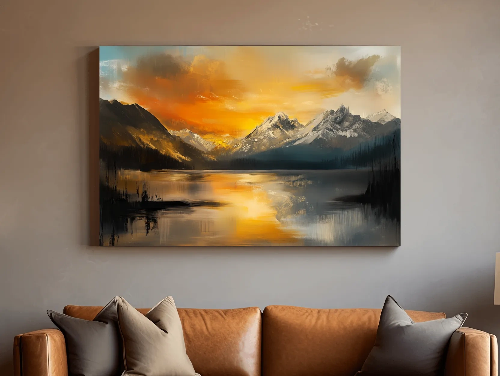Moody Alpine Mountain Lake Sunset Painting - Oil Painting Style Wall Art