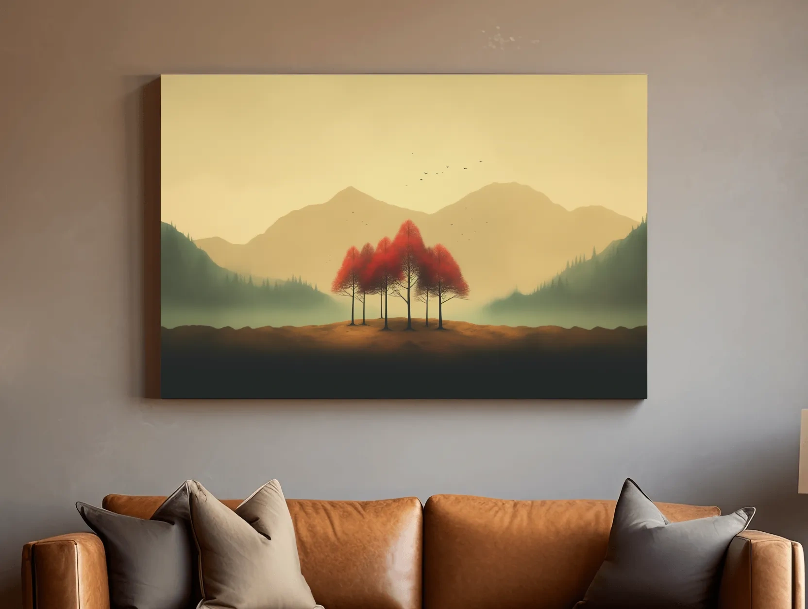 Minimalist Autumn Tree Grove Landscape - Misty Mountain Forest Wall Art