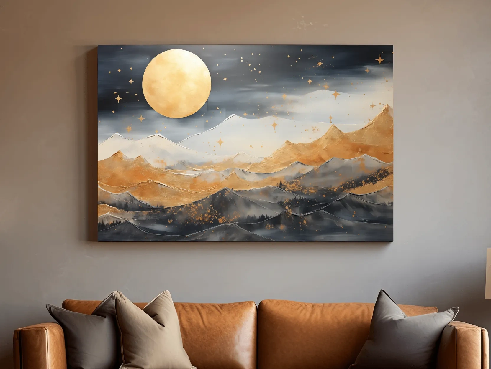 Golden Moonlit Abstract Mountain Landscape - Modern Metallic Watercolor Wall Art