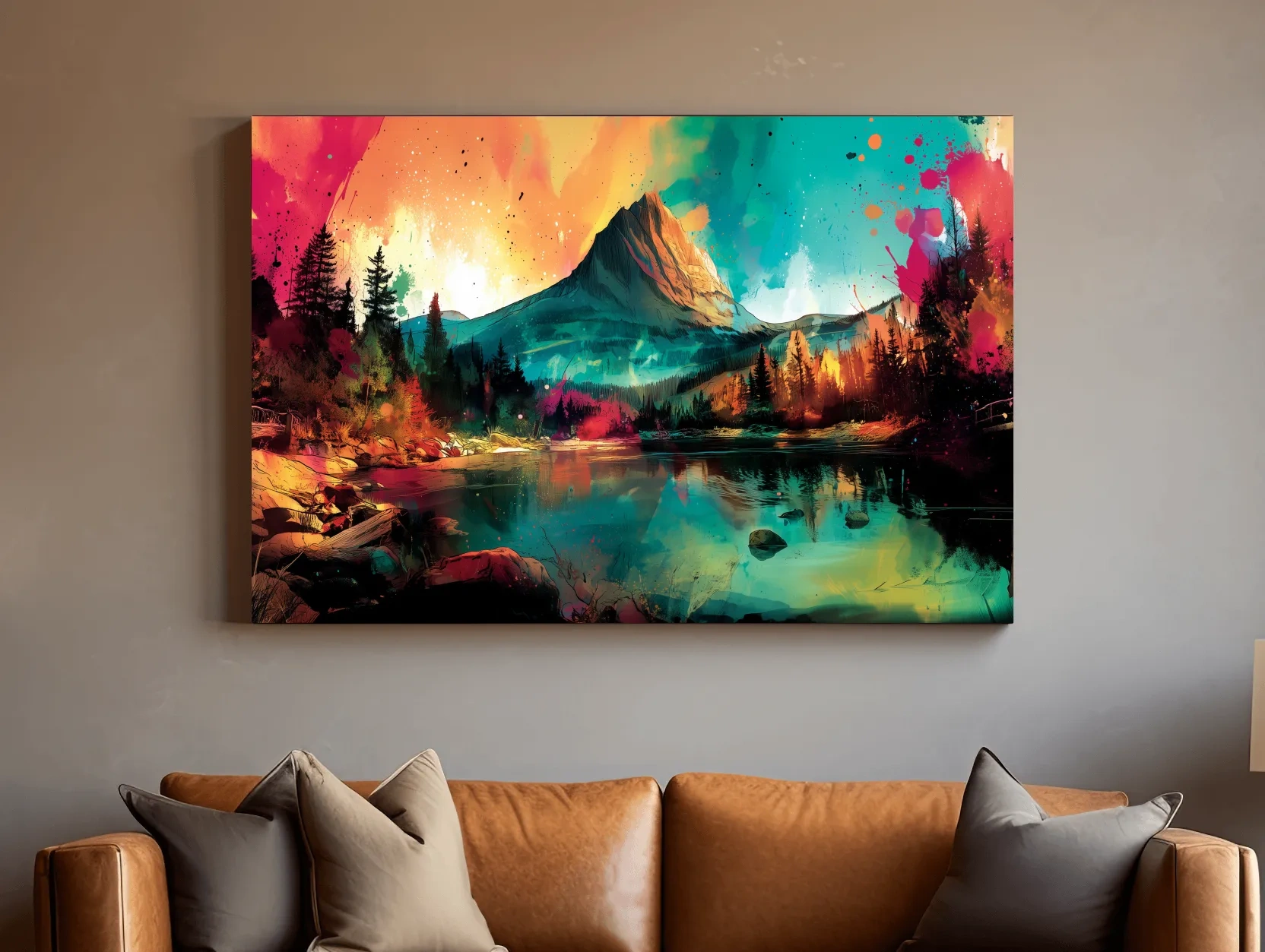 Vibrant Abstract Alpine Mountain Sunrise - Colorful Watercolor Style Artwork