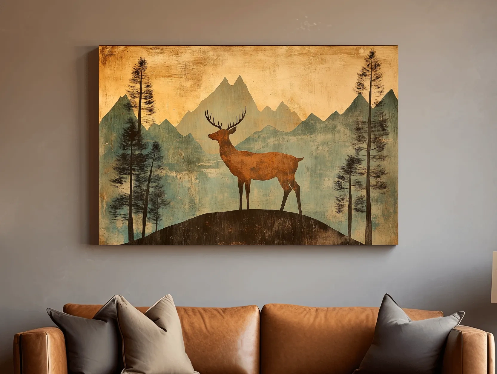Rustic Deer Silhouette Mountain Landscape - Vintage Woodland Wall Art