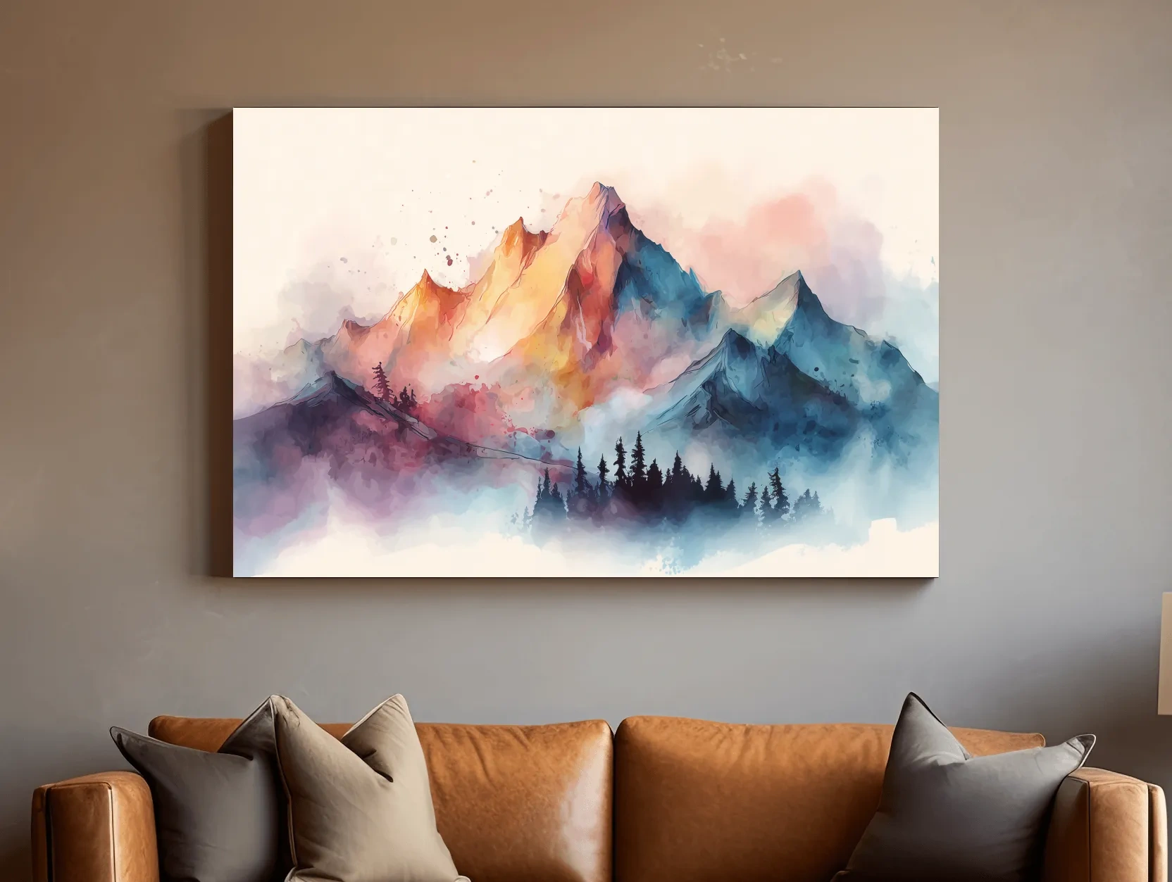 Vibrant Watercolor Mountain Peaks - Colorful Misty Alpine Forest Wall Art