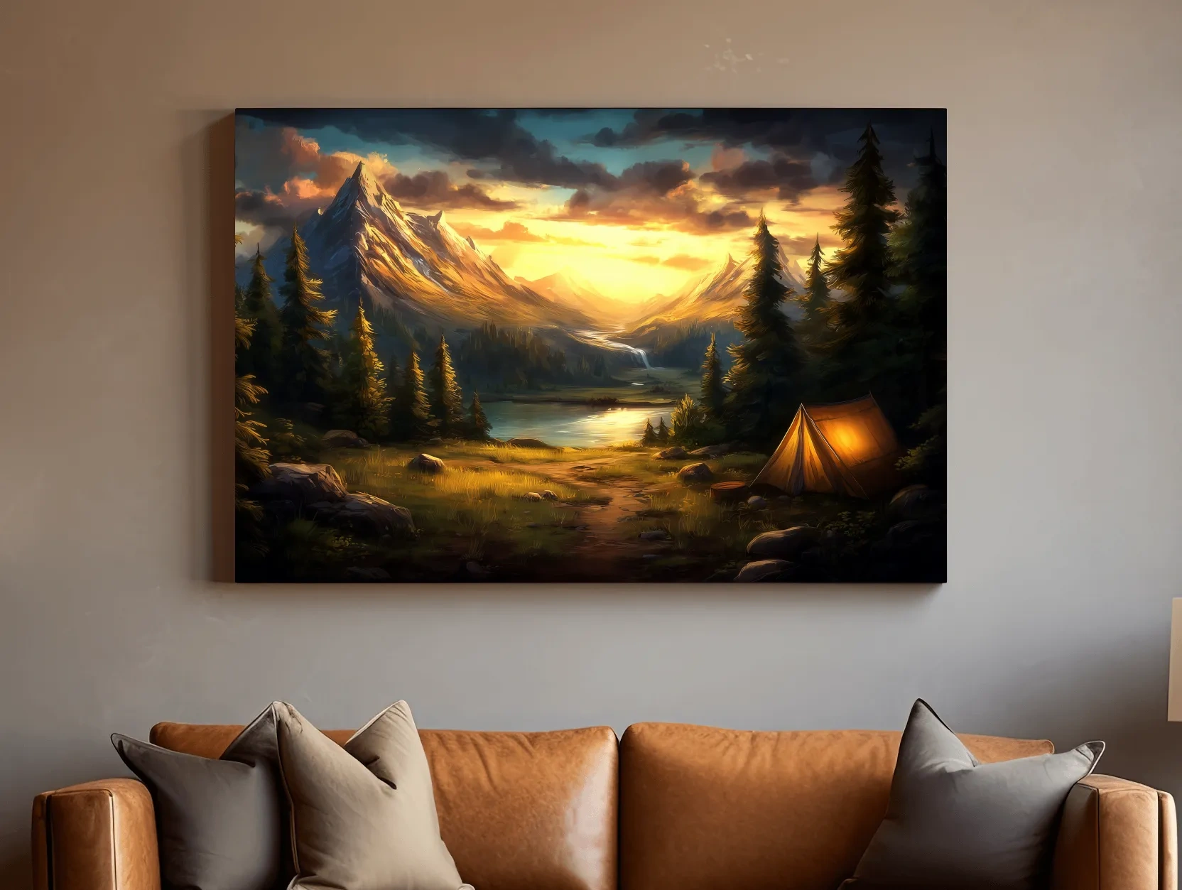 Golden Sunset Alpine Camping Scene Impressionist Painting - Scenic Mountain Wall Art