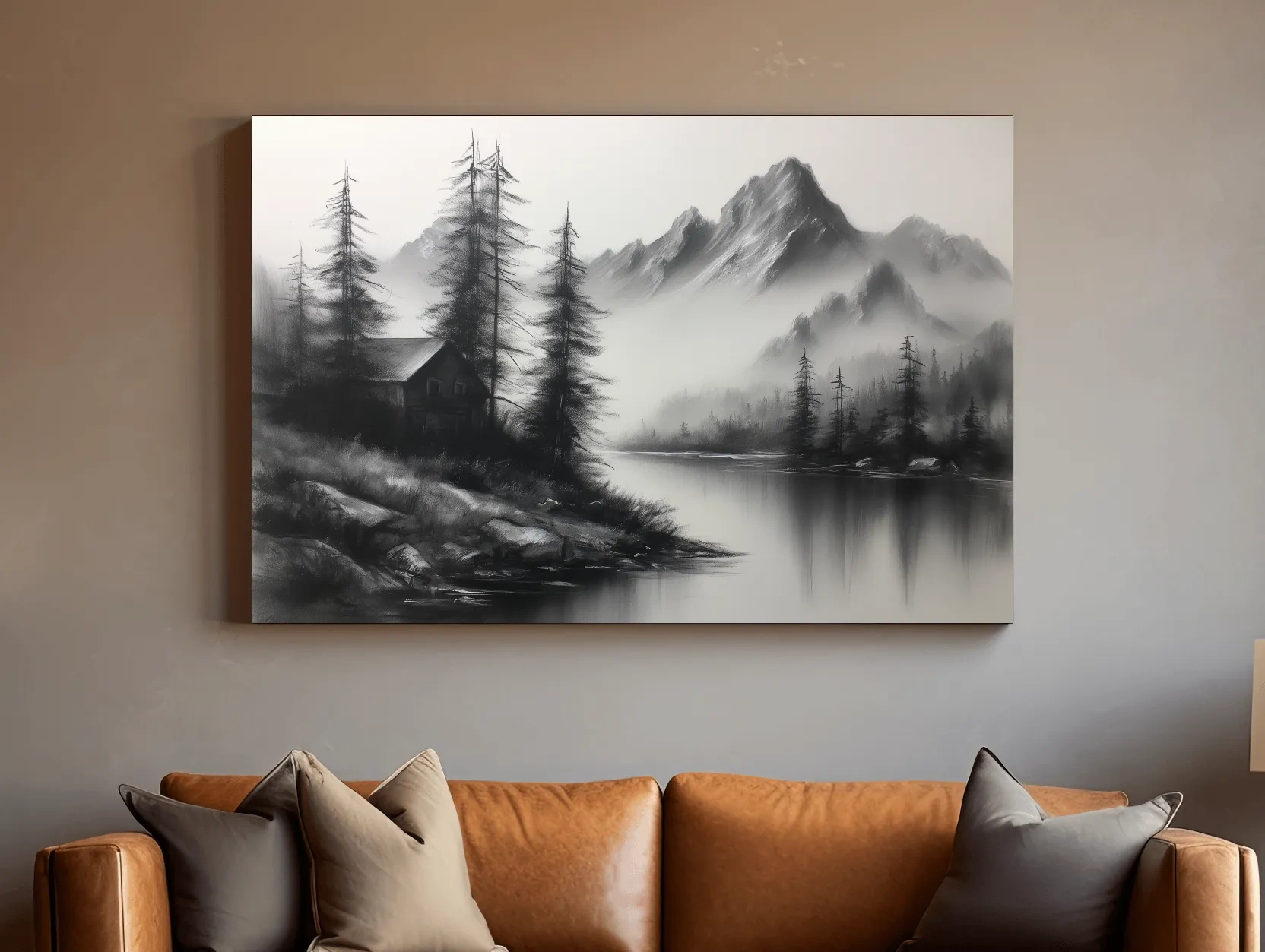 Moody Monochrome Alpine Lake Cabin - Charcoal Mountain Sketch Style Wall Art