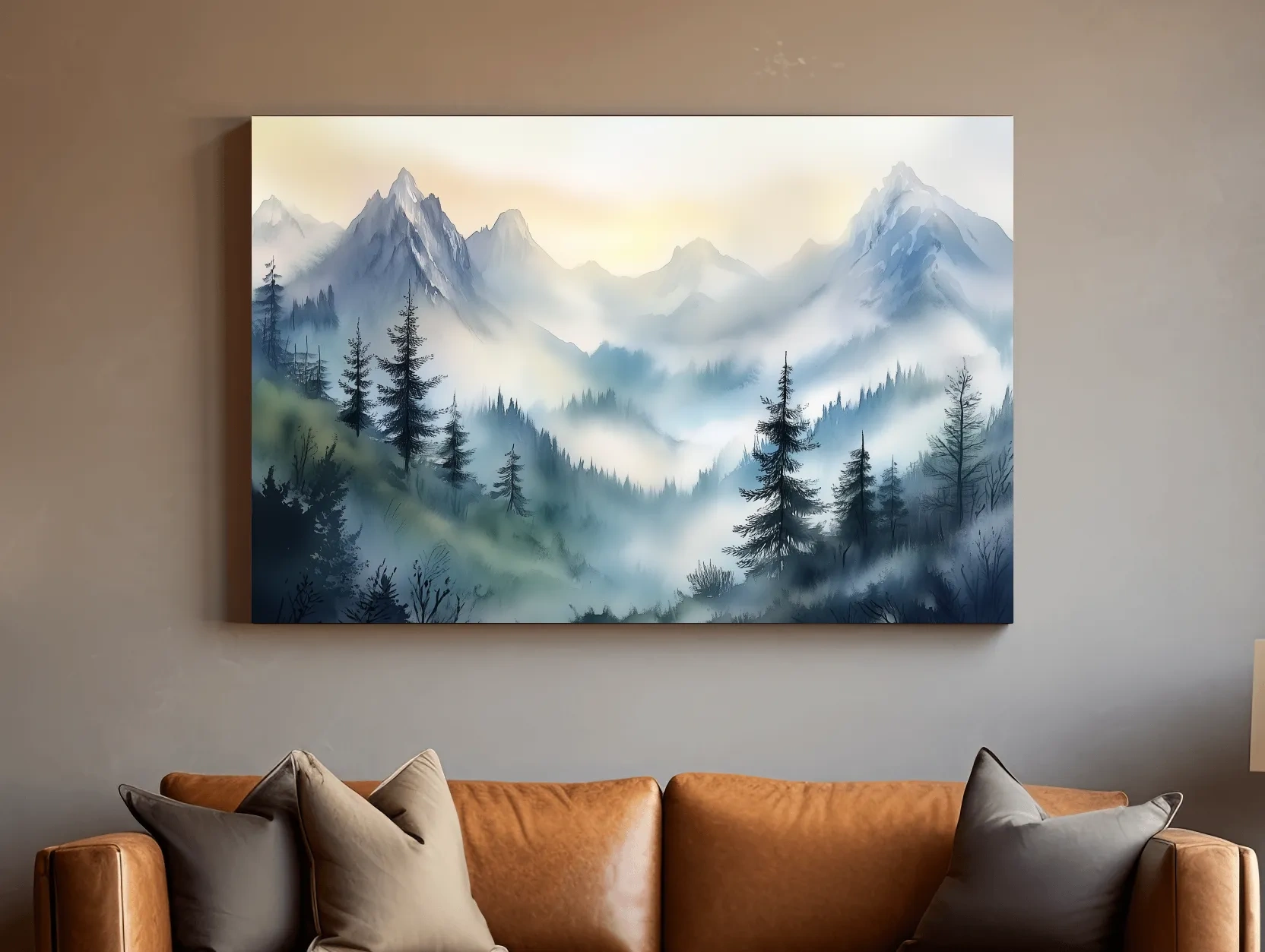 Chinese Ink Wash Watercolor Mountain Peaks - Foggy Alpine Wall Art
