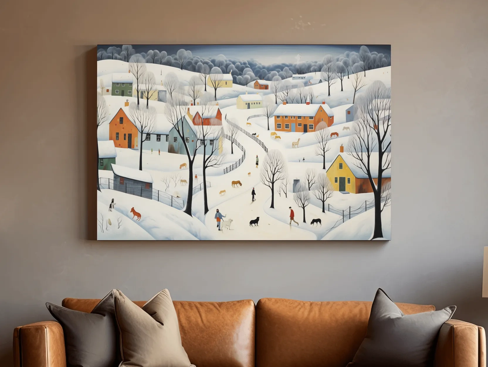 Whimsical Snowy Village Winter Landscape Painting - Folk Art Countryside Wall Art