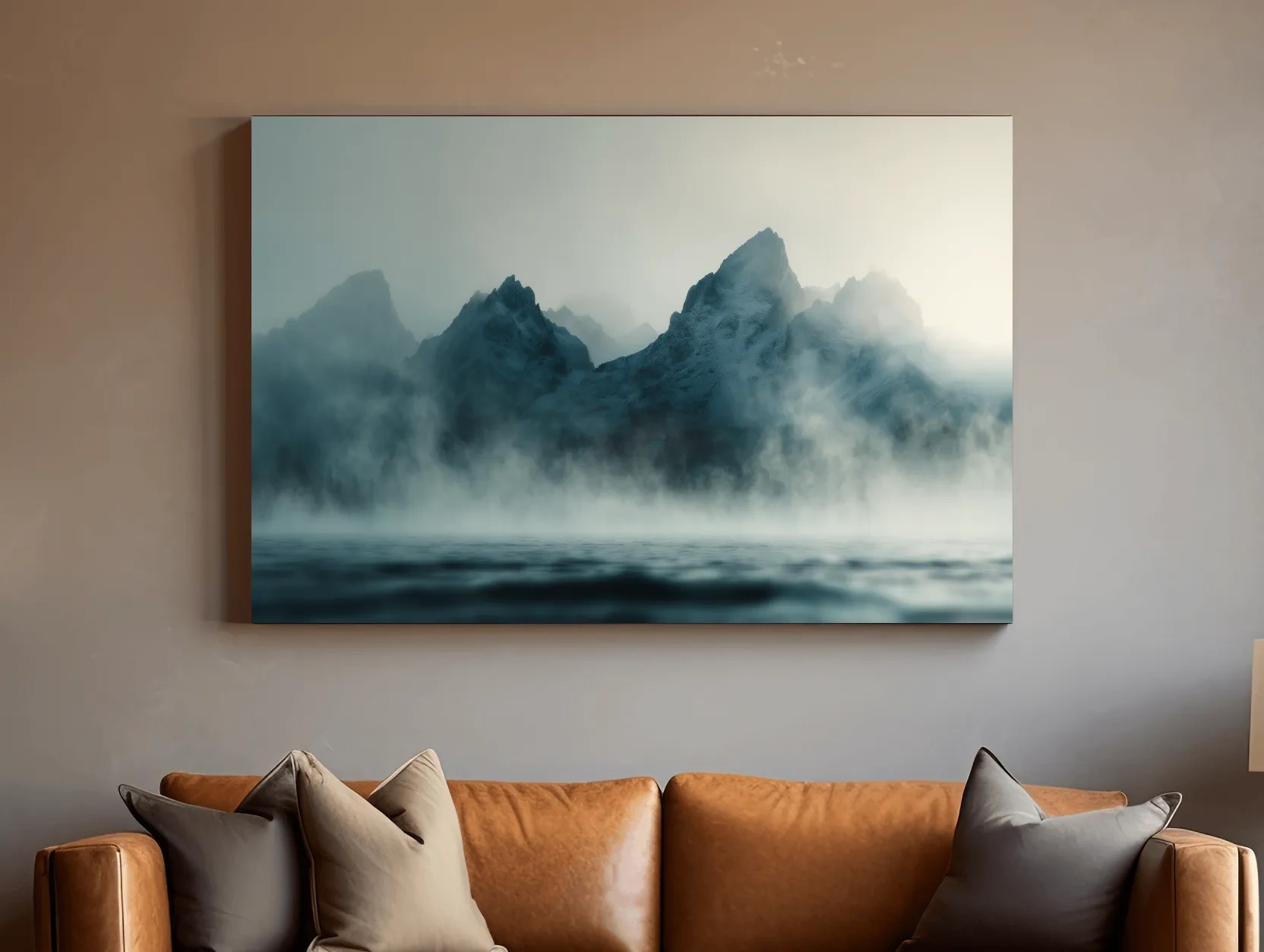 Moody Misty Mountain Peaks Over Water - Atmospheric Monochrome Landscape Wall Art