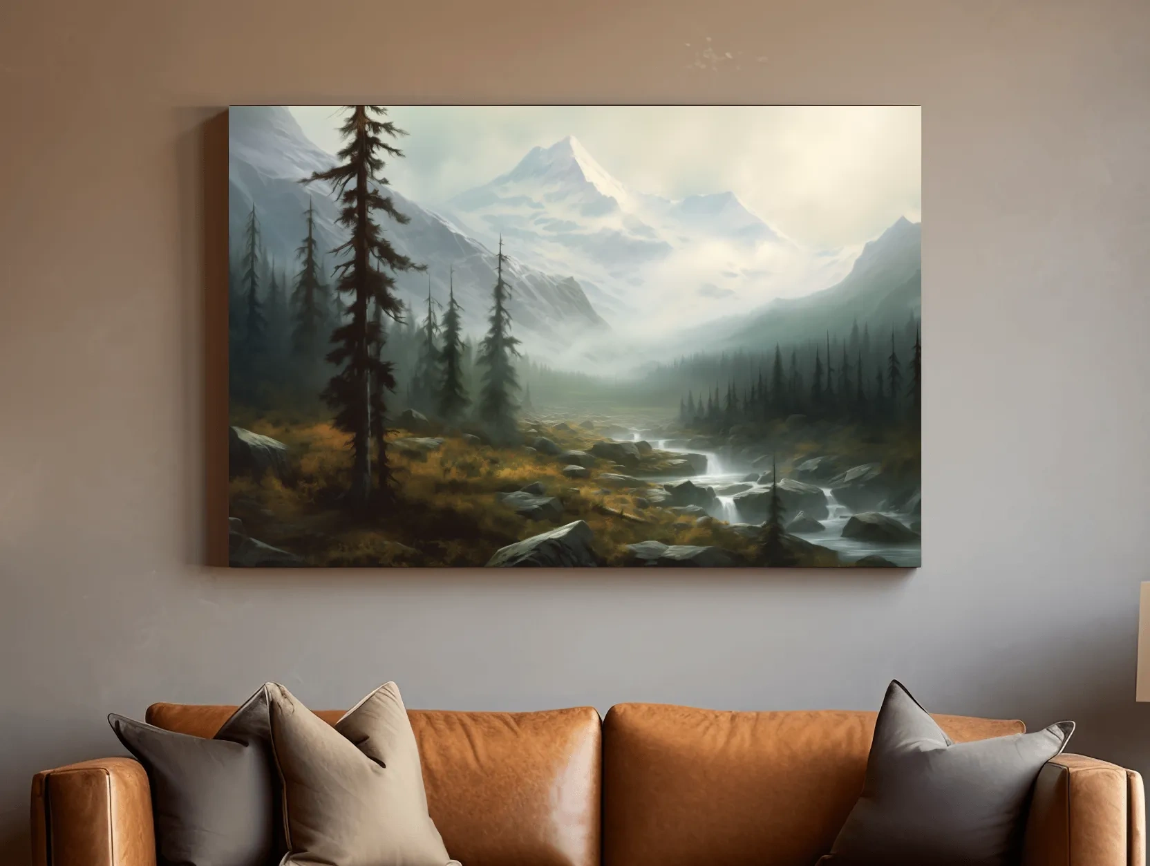 Misty Alpine Mountain Valley Painting - Foggy Evergreen Forest Wall Art