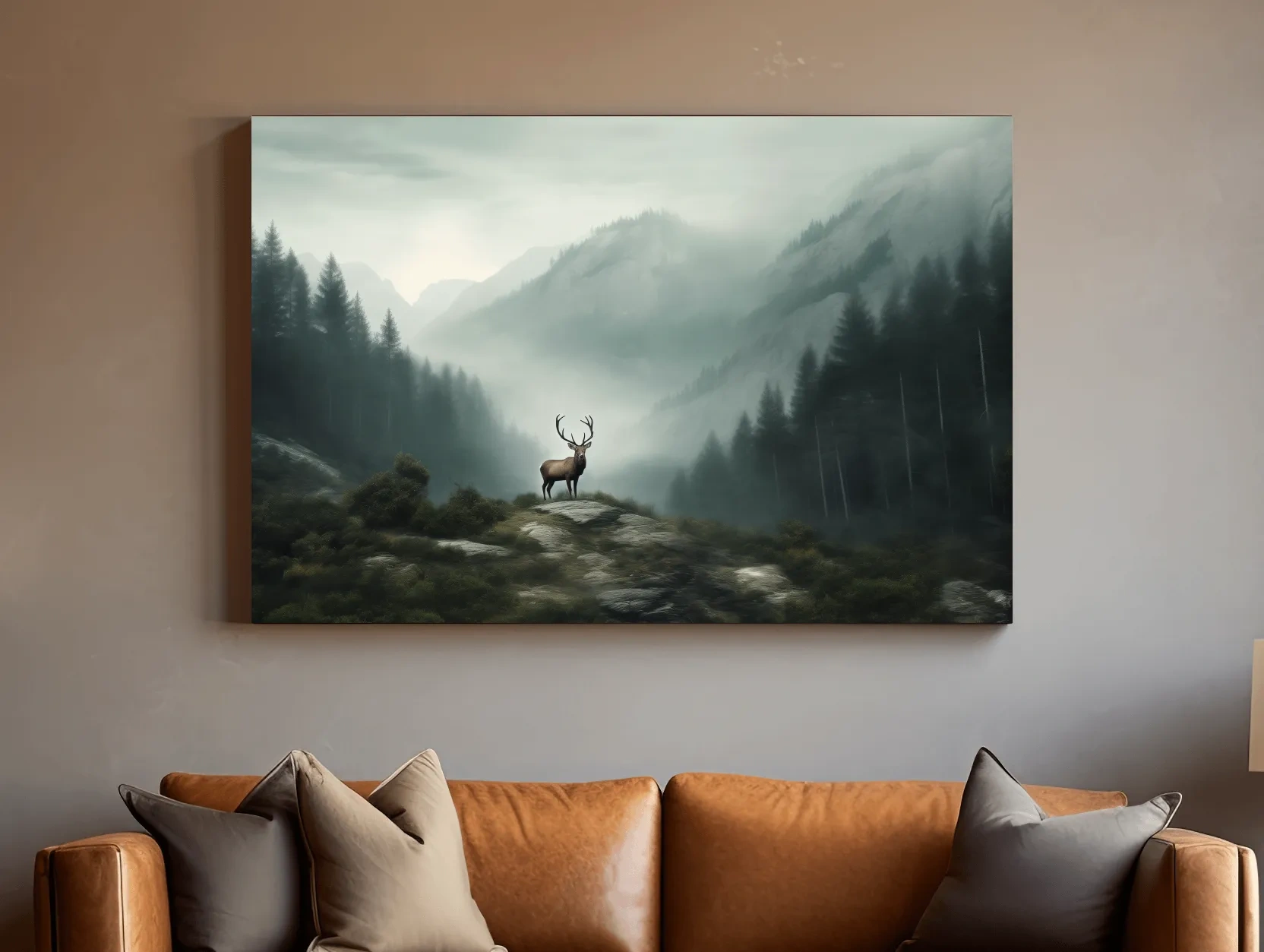 Moody Misty Mountain Deer Landscape - Atmospheric Forest Wildlife Wall Art
