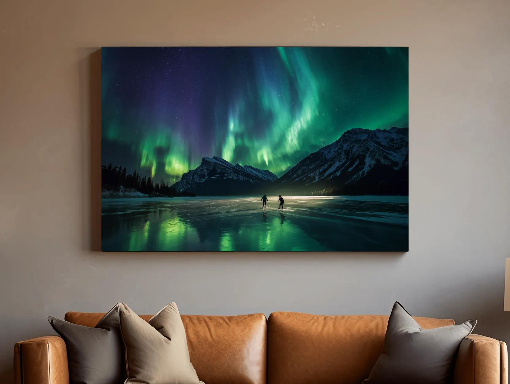 Ice Skaters Under Vibrant Northern Lights - Aurora Borealis Photographic Wall Art