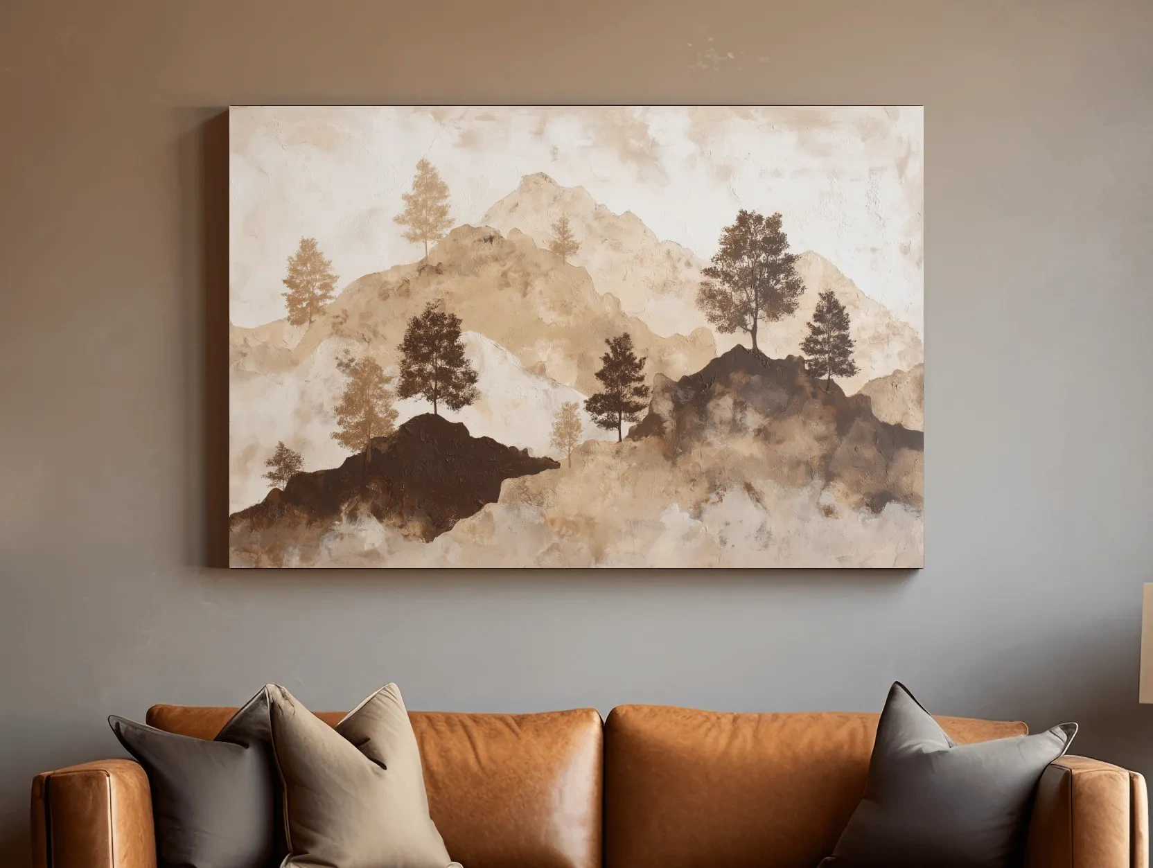 Wabi-Sabi Mountain Tree Silhouettes Painting - Minimalist Landscape Wall Art