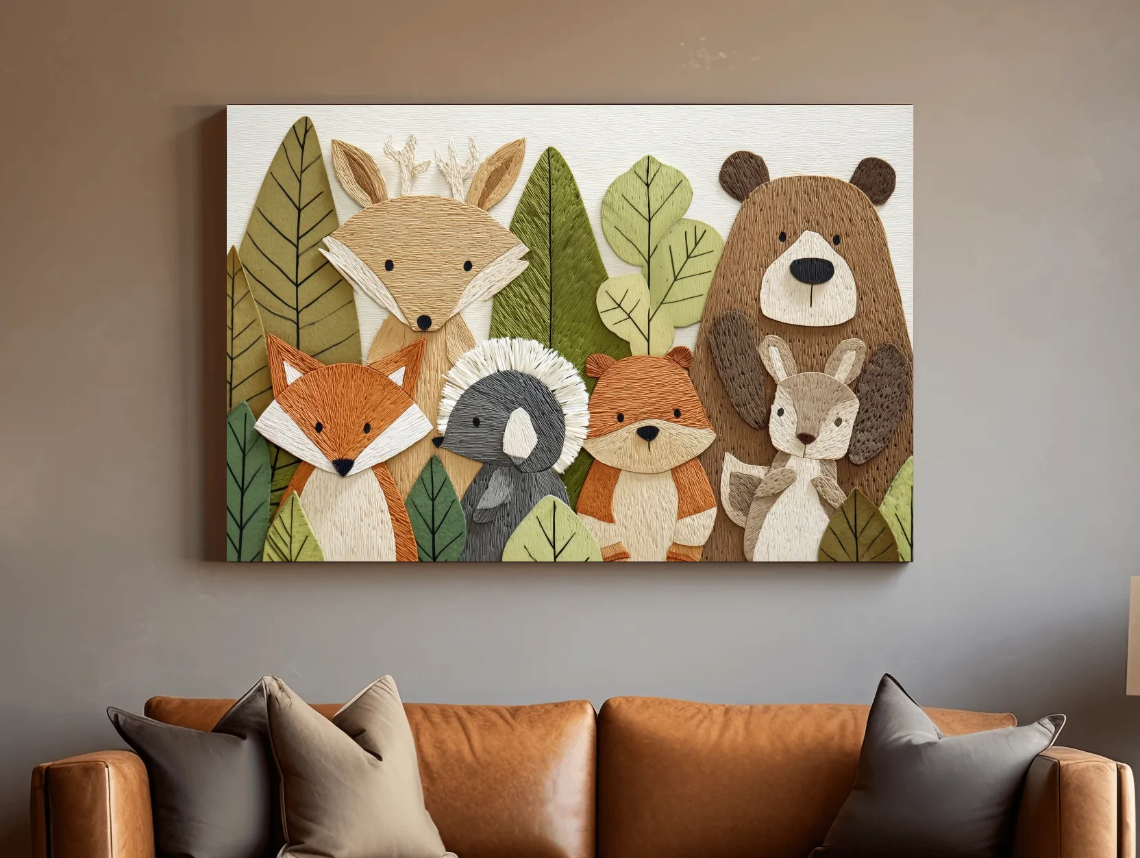 Woodland Animal Nursery Decor - Cute Forest Animals Embroidery Style Wall Art