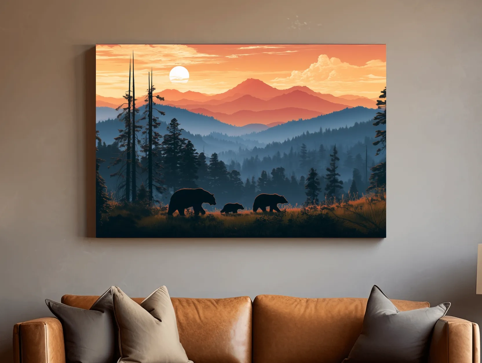 Bear Family Silhouettes - Mountain Sunset Wildlife Wall Art