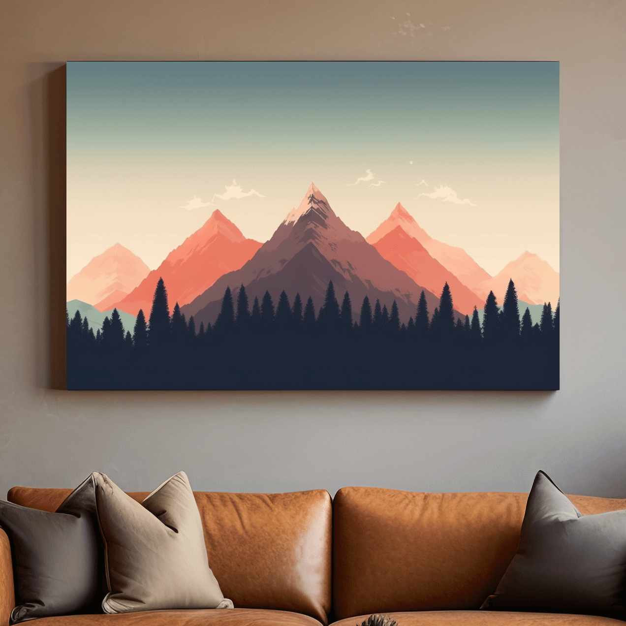 Minimalist Alpine Mountain Sunrise Artwork - Modern Scandinavian Forest Wall Art