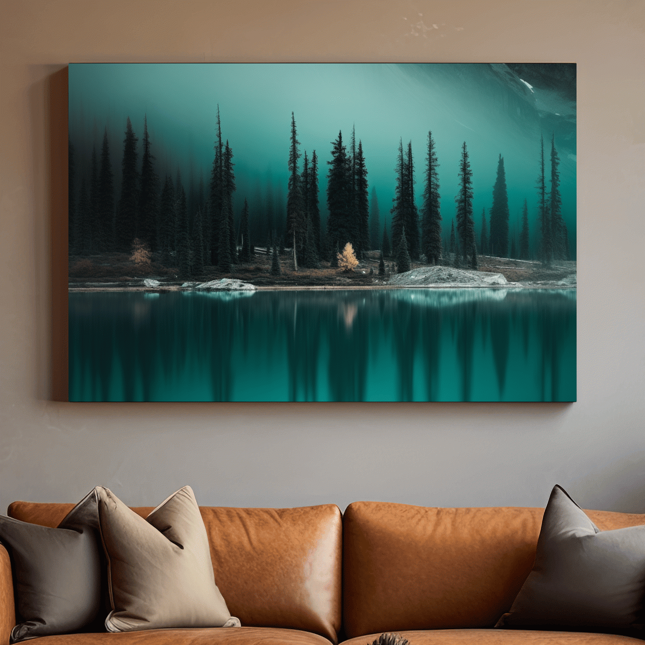 Misty Pine Forest Turquoise Alpine Lake - Serene Mountain Landscape Wall Art