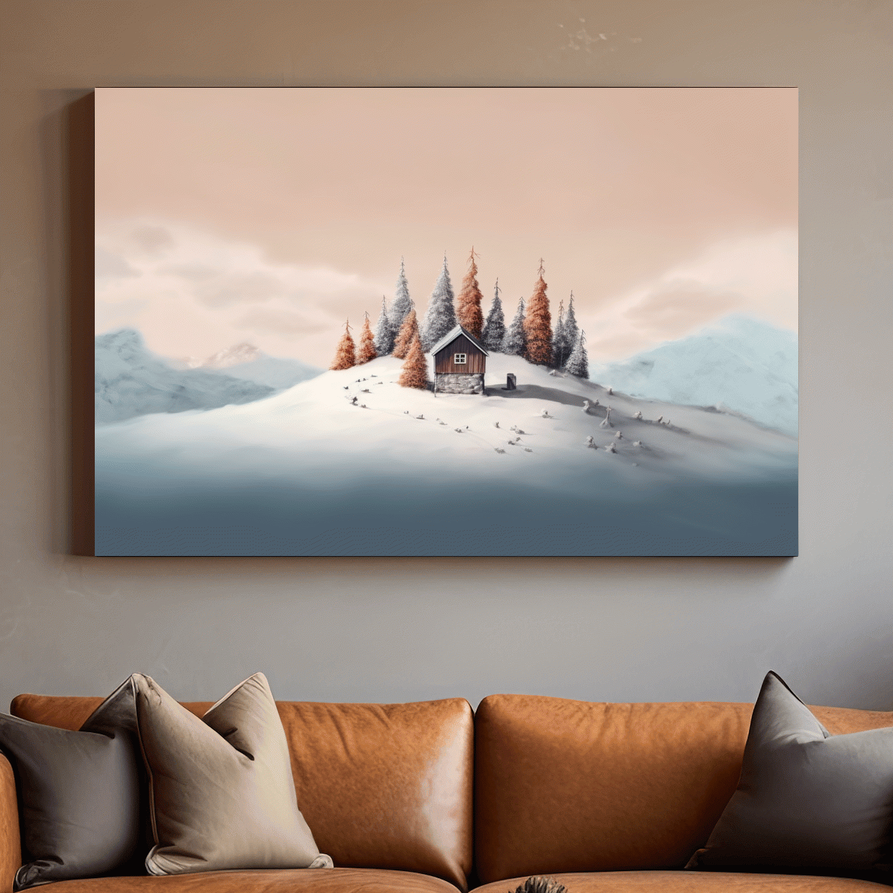 Minimal painting, cabin in the snow