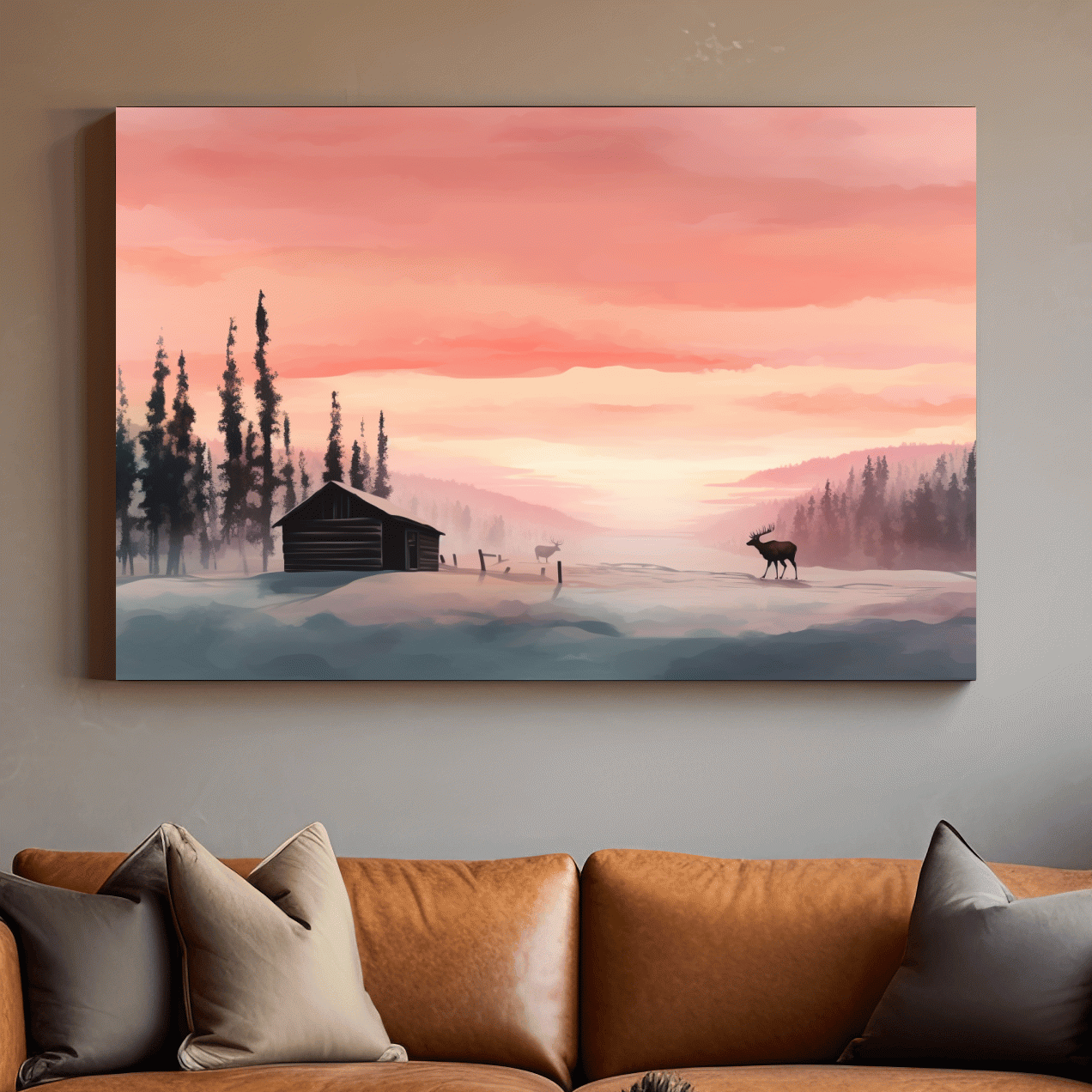Sunset mountain scene, deer in the snow