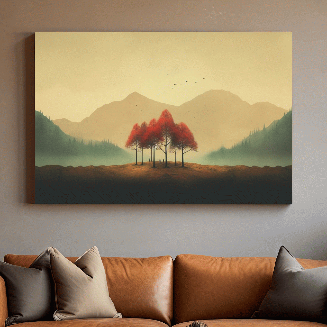 Landscape mountain artwork, minimal painting of autumn trees in the fog