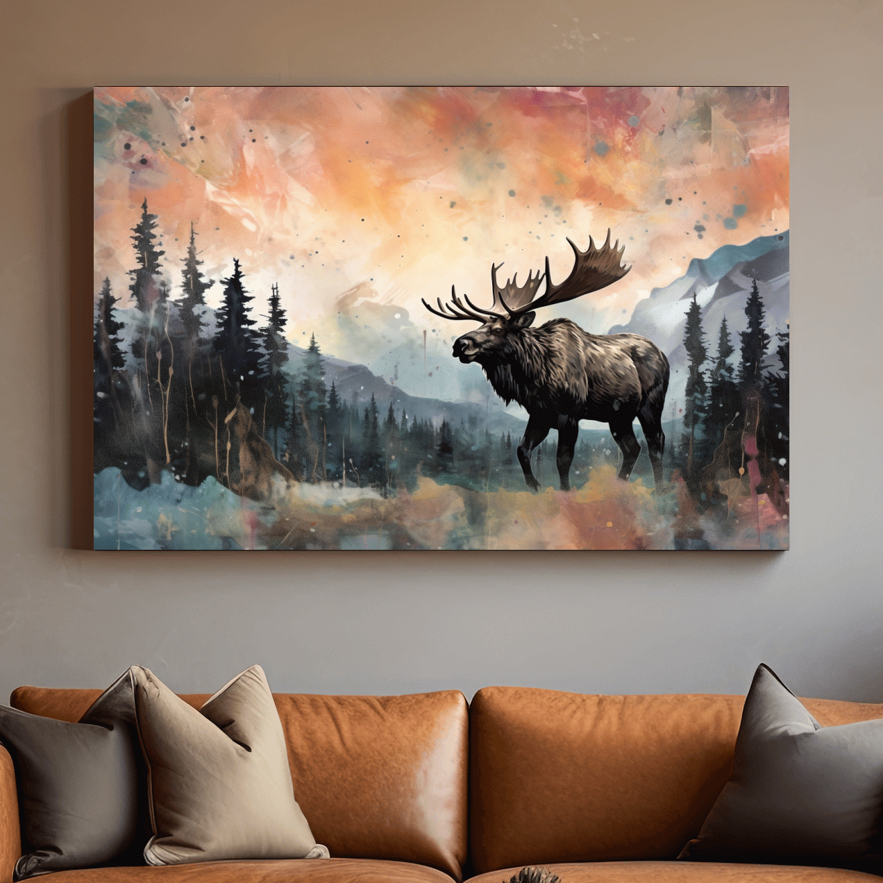 Abstract splattered painting of a moose in mountain scenery